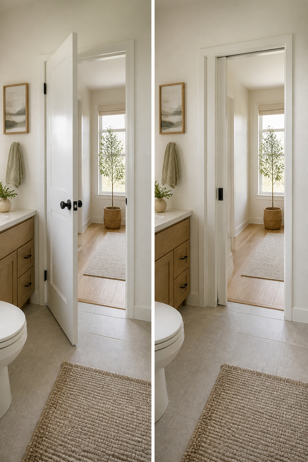 A pocket door installed in a small bathroom.