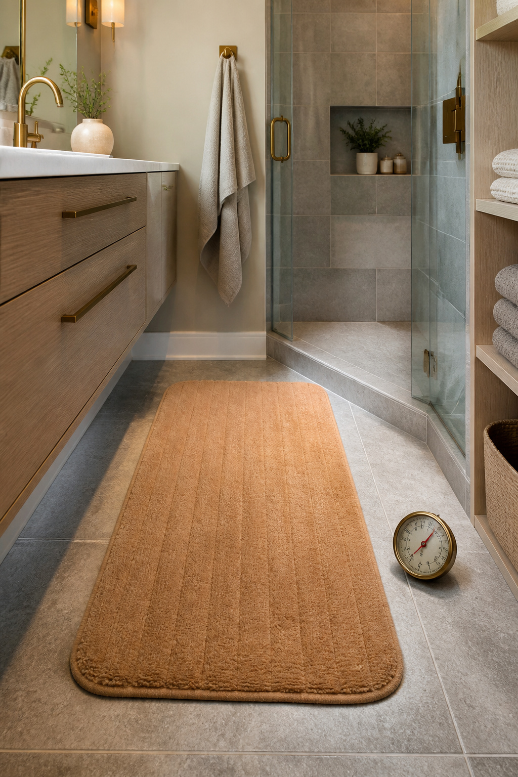 A heated floor mat laid between a sink and shower.