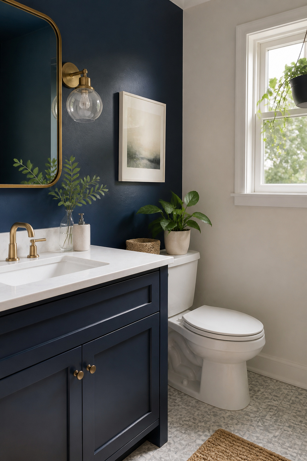 A navy blue wall contrasting with white bathroom walls.