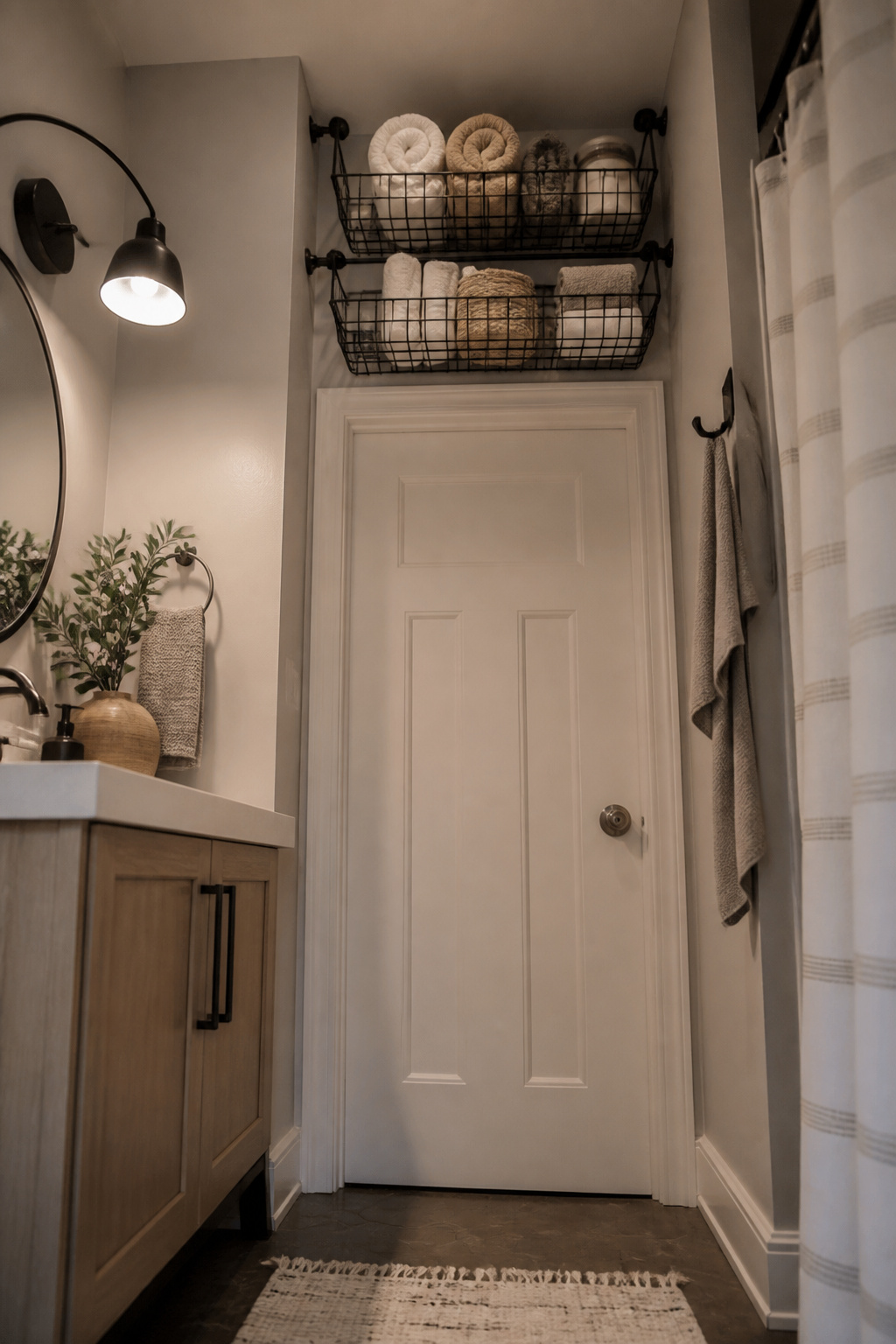 Wire baskets mounted on a tension rod above a bathroom door.