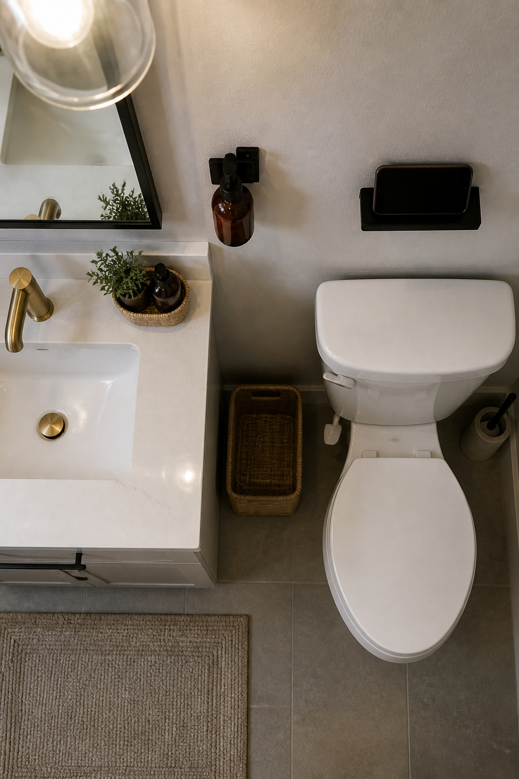 A wall-mounted soap dispenser and toilet paper holder with a shelf.