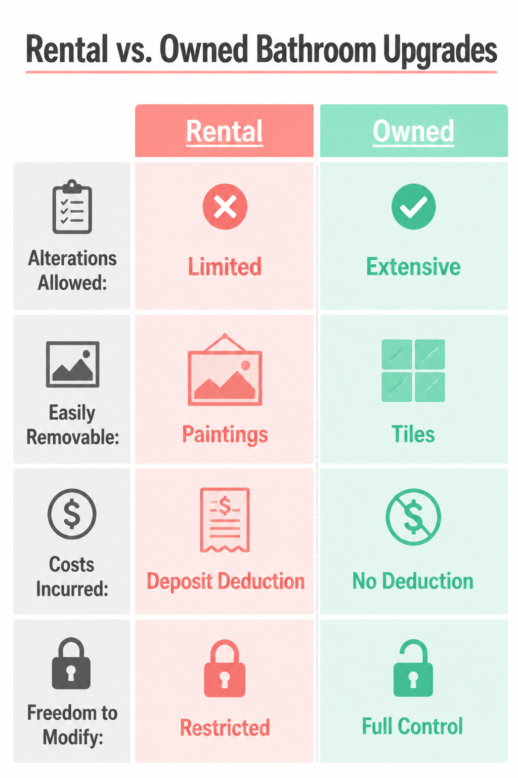 A comparison of rental versus owned bathroom upgrades.