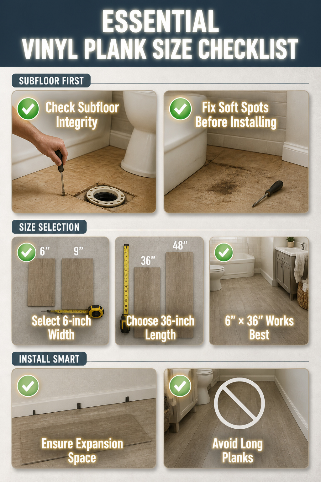 A checklist showing vinyl plank sizes suitable for bathrooms.
