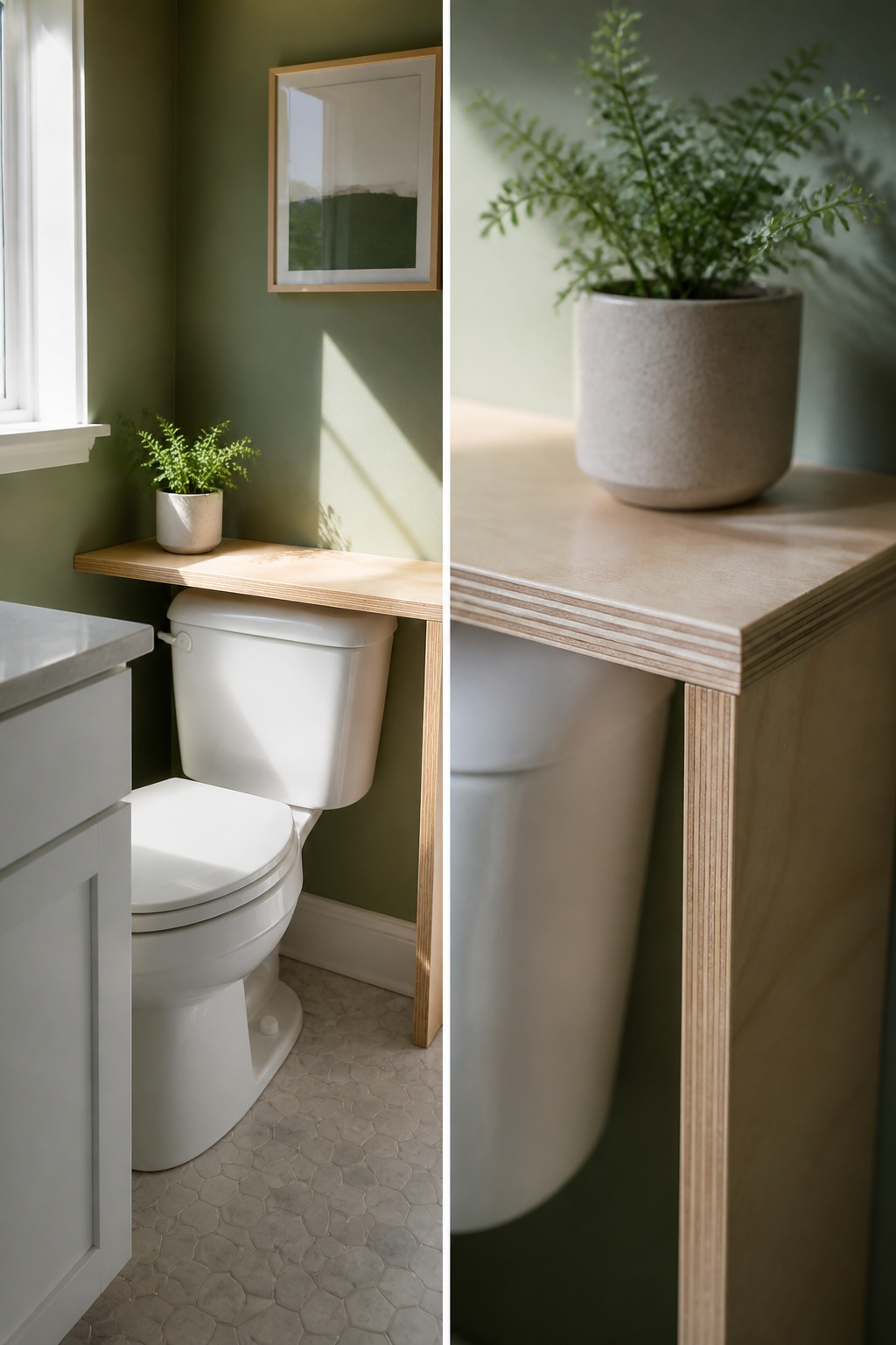 A scrap of plywood placed across a toilet tank for extra counter space.