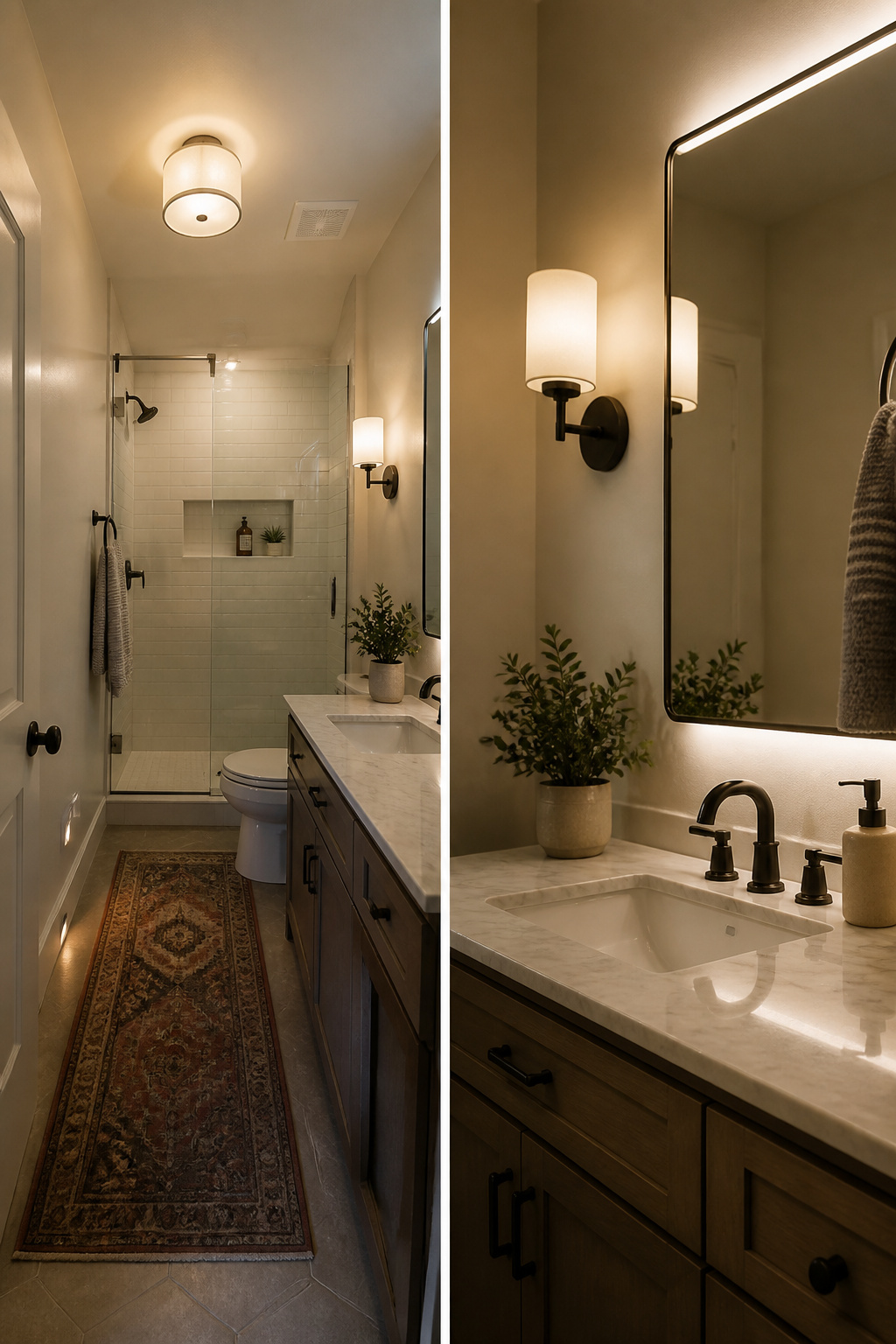 A bathroom with multiple light sources including an LED strip and dimmer.