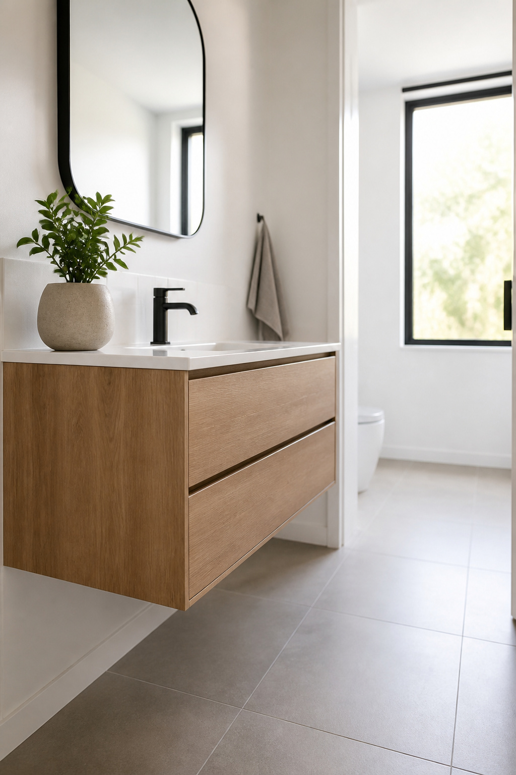 A floating vanity mounted on a bathroom wall, allowing open floor space.