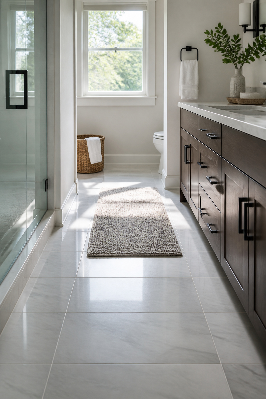A bathroom floor covered with 12x24 large-format tiles.