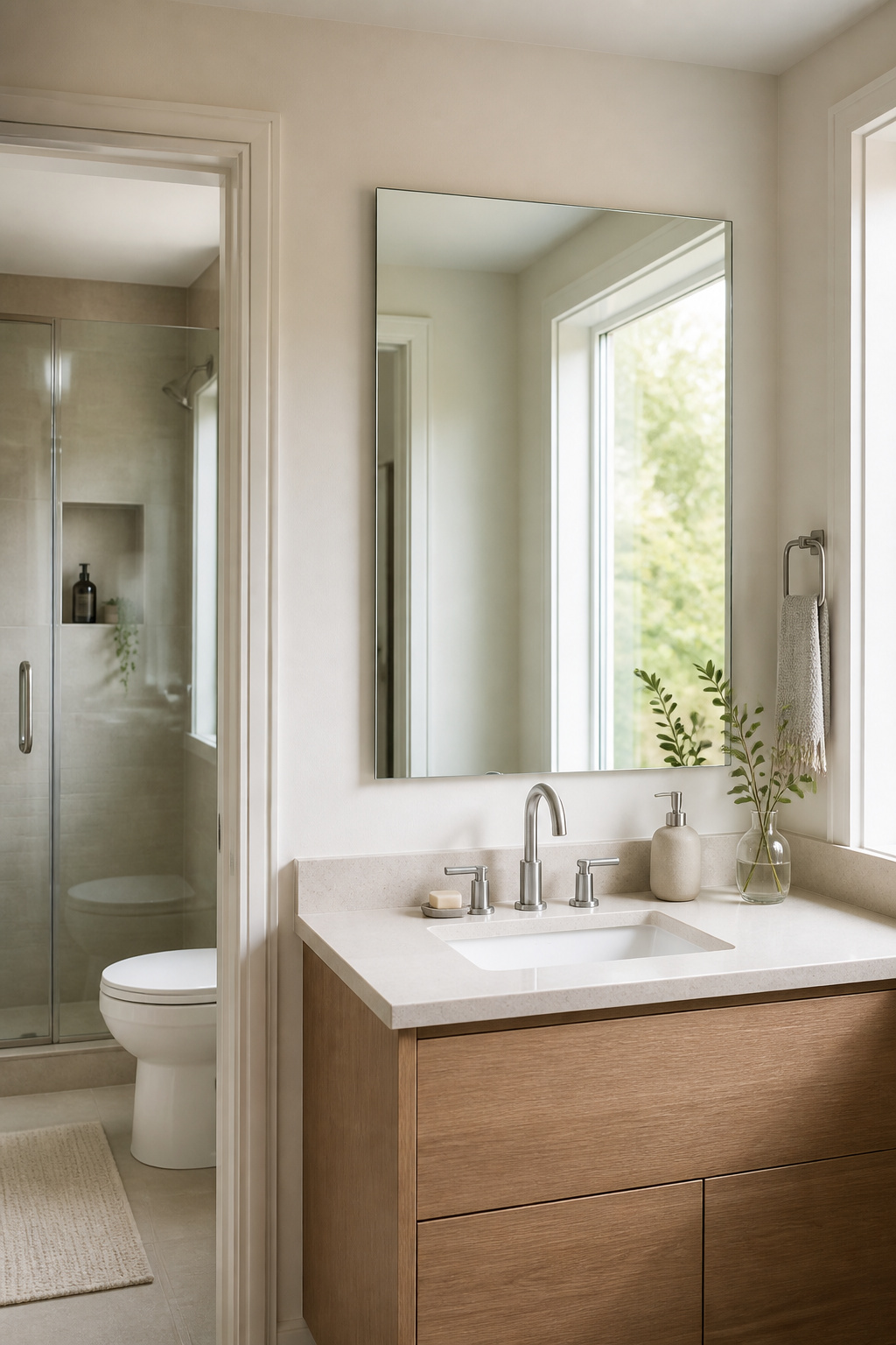 A 36-inch frameless mirror reflecting light in a narrow bathroom.
