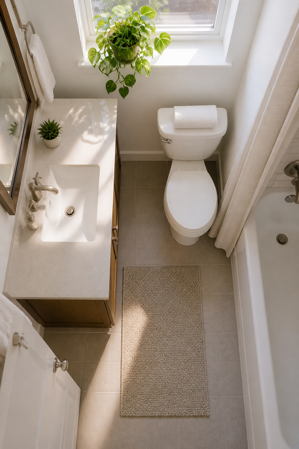 A bathroom with a single plant and minimal decorative items.