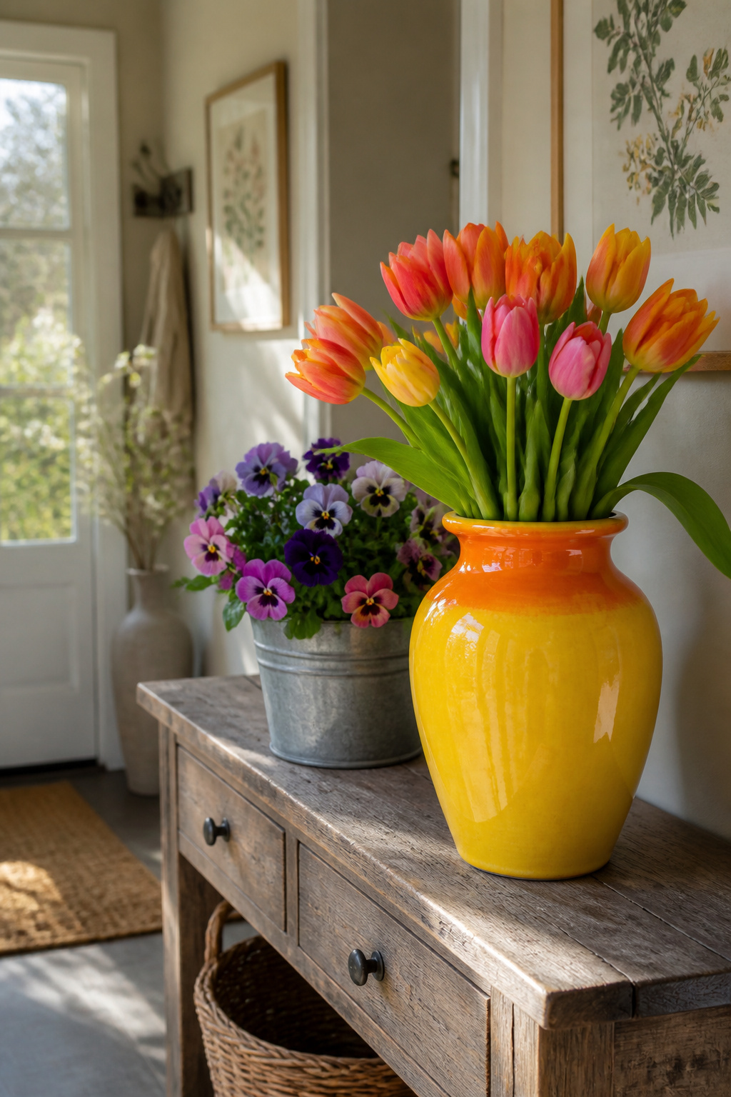 8 Spring Entryway Decor Ideas for 2026: Fresh Research on Styles 1 Colorful vase filled with fresh flowers on a console.