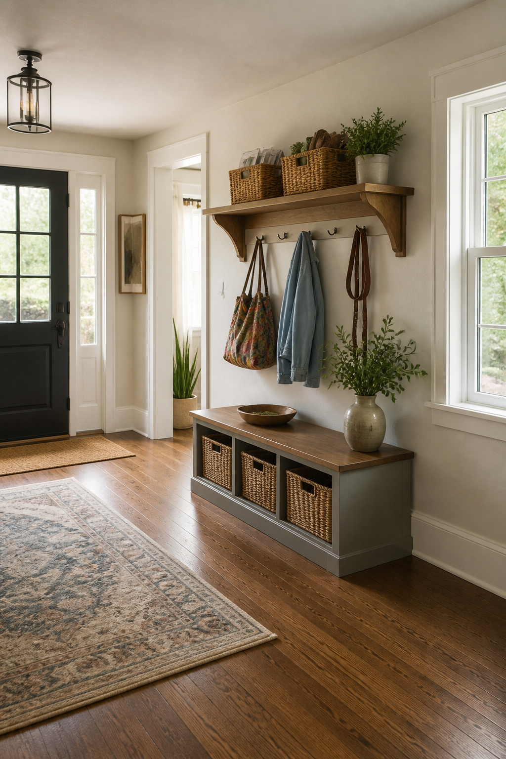 8 Spring Entryway Decor Ideas for 2026: Fresh Research on Styles 10 Woven baskets and hooks for storage in an entryway.