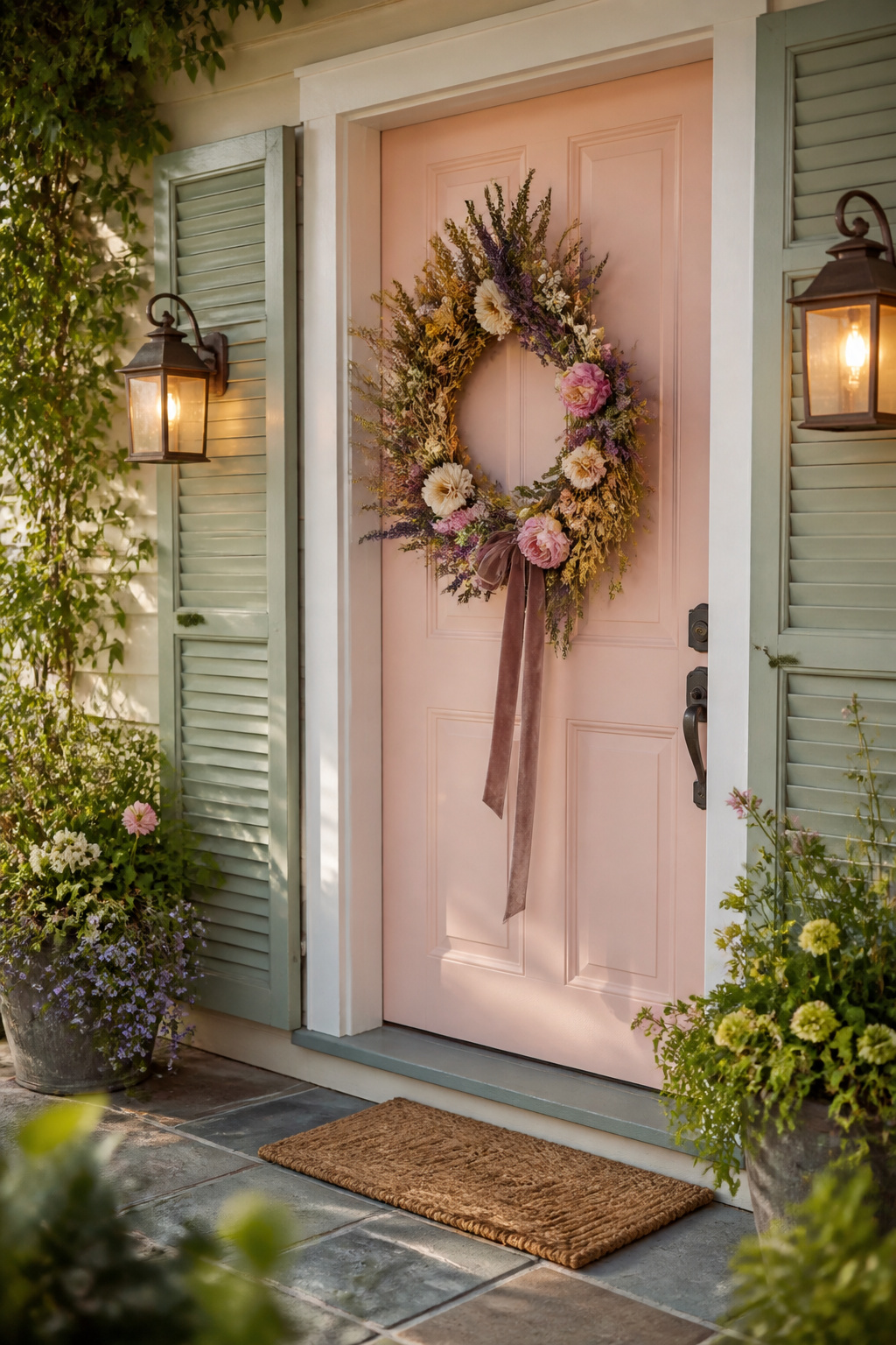 8 Spring Entryway Decor Ideas for 2026: Fresh Research on Styles 3 Bright floral wreath on a pastel front door.