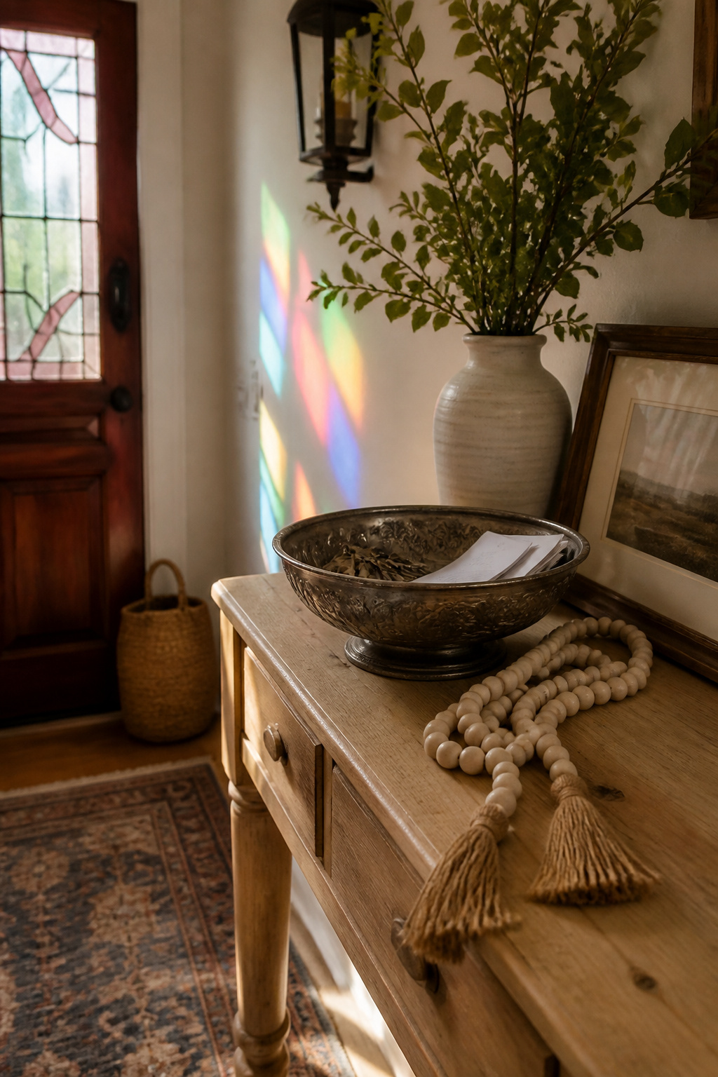 8 Spring Entryway Decor Ideas for 2026: Fresh Research on Styles 4 Pewter bowl and wooden beads on a console table.