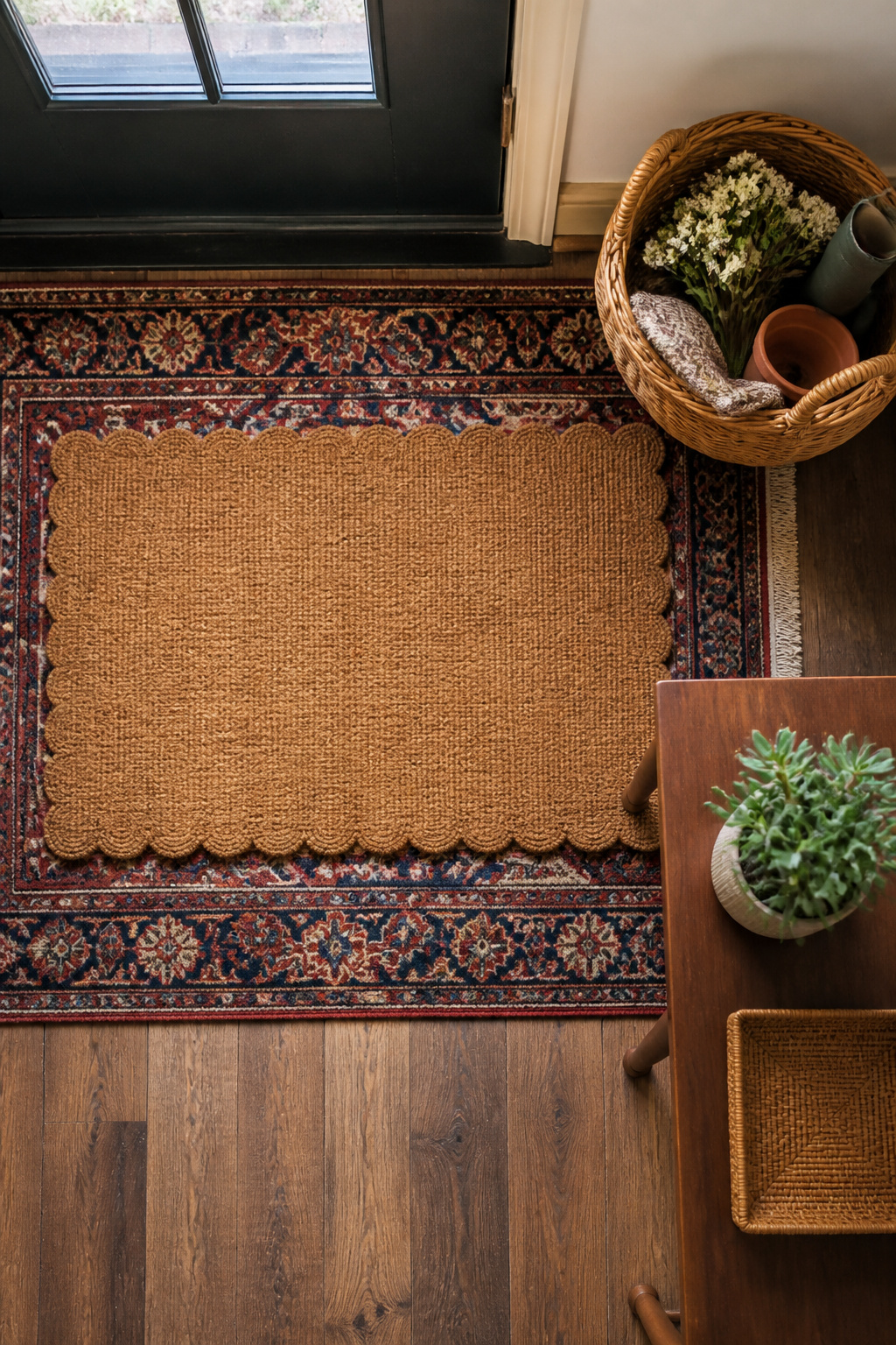 8 Spring Entryway Decor Ideas for 2026: Fresh Research on Styles 5 Layered doormat and vintage rug in an entryway.