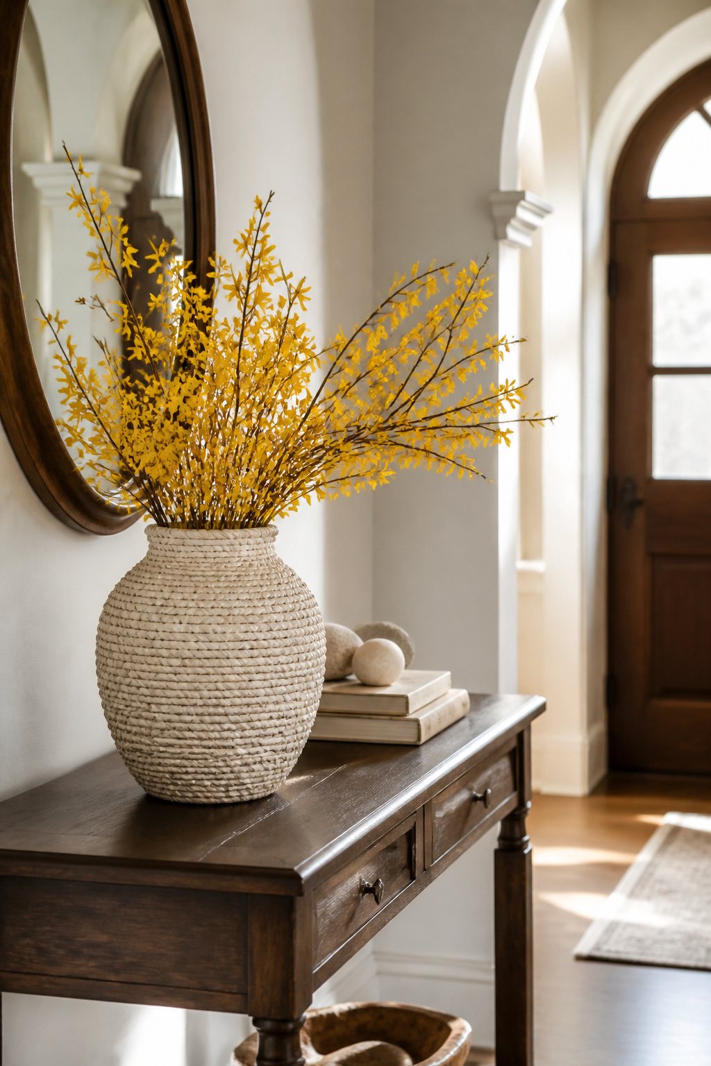 8 Spring Entryway Decor Ideas for 2026: Fresh Research on Styles 6 Seagrass-wrapped vase with yellow forsythia branches.