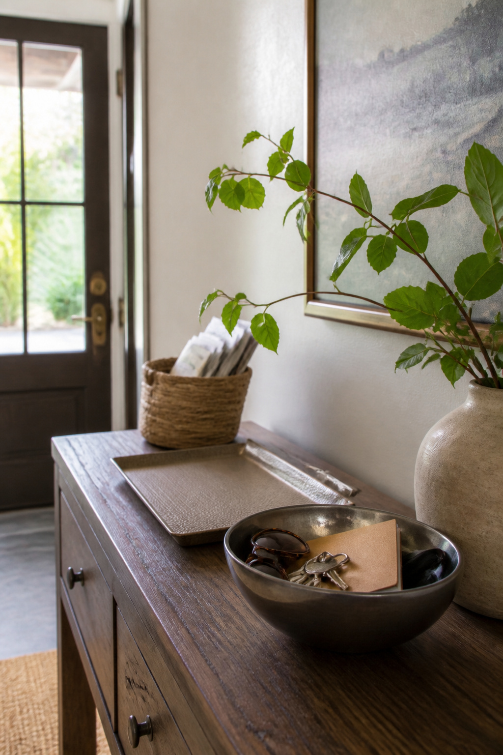8 Spring Entryway Decor Ideas for 2026: Fresh Research on Styles 7 Pewter bowl and decorative tray on an entryway console.