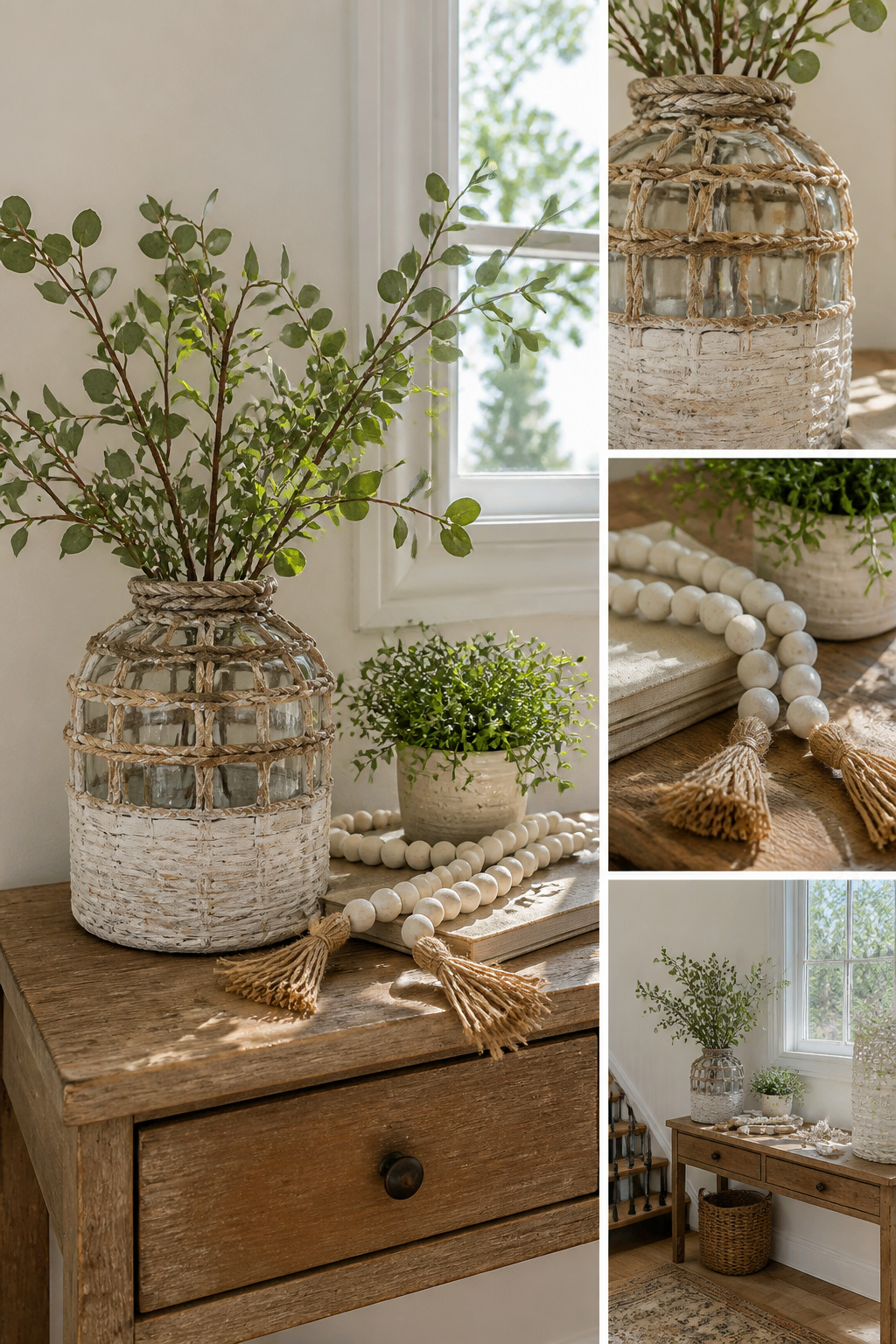 8 Spring Entryway Decor Ideas for 2026: Fresh Research on Styles 8 Glass vase wrapped in seagrass and painted with chalk paint.
