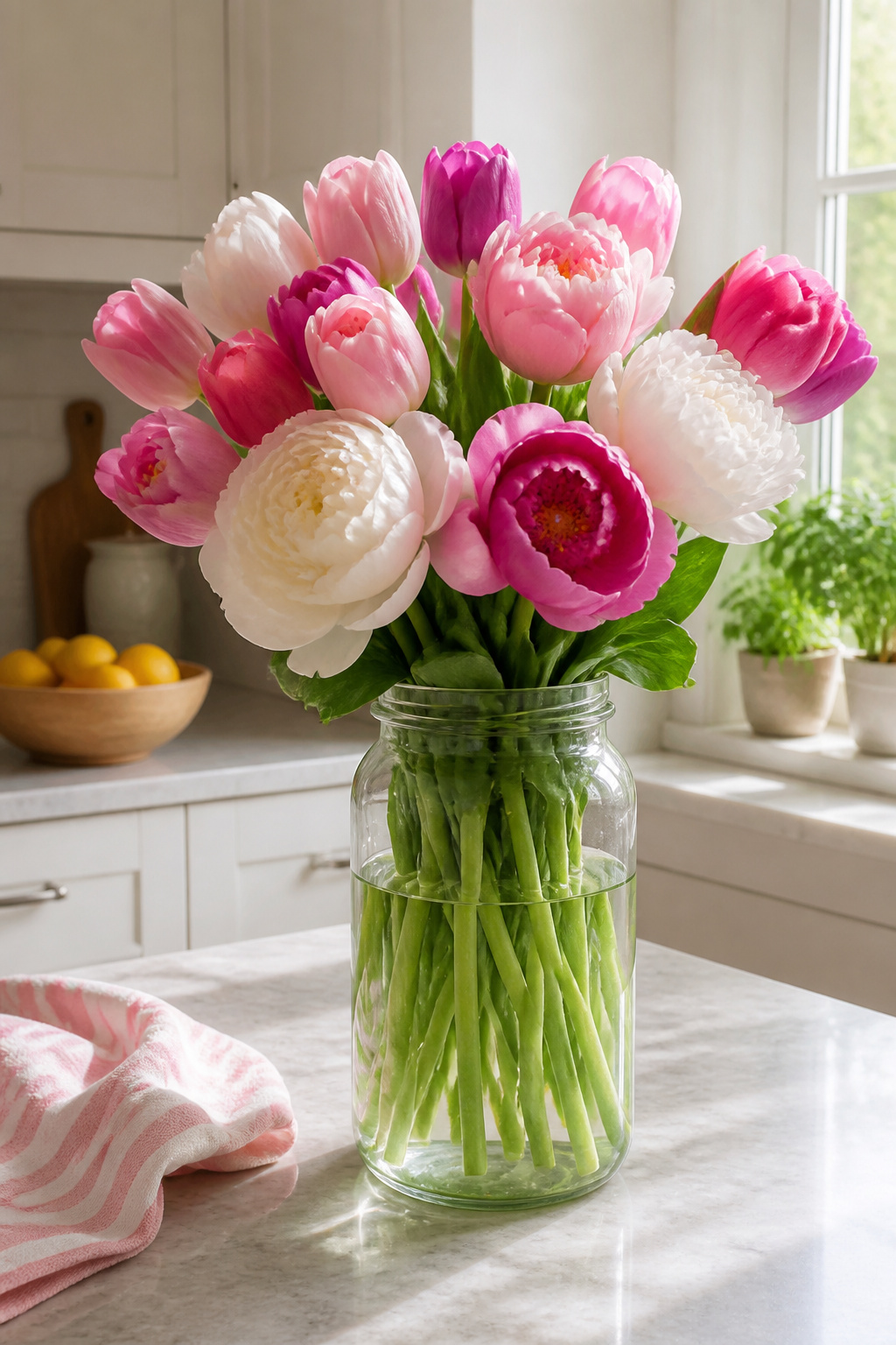 10 Spring Kitchen Decorating Ideas for a Fresh, Light Space 1 Vase of tulips and peonies on the kitchen counter.