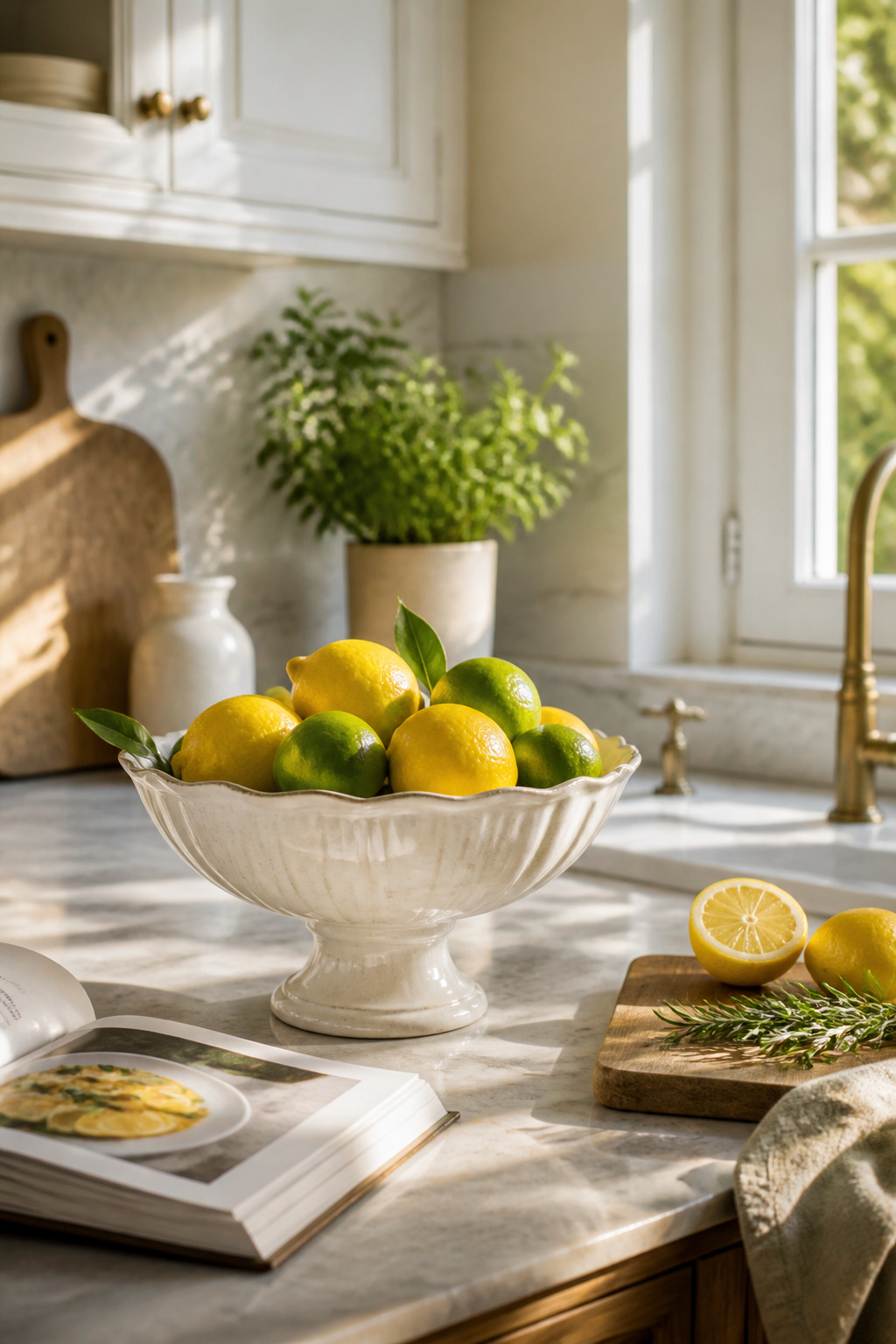 10 Spring Kitchen Decorating Ideas for a Fresh, Light Space 10 Ceramic bowl filled with lemons and limes on the counter.