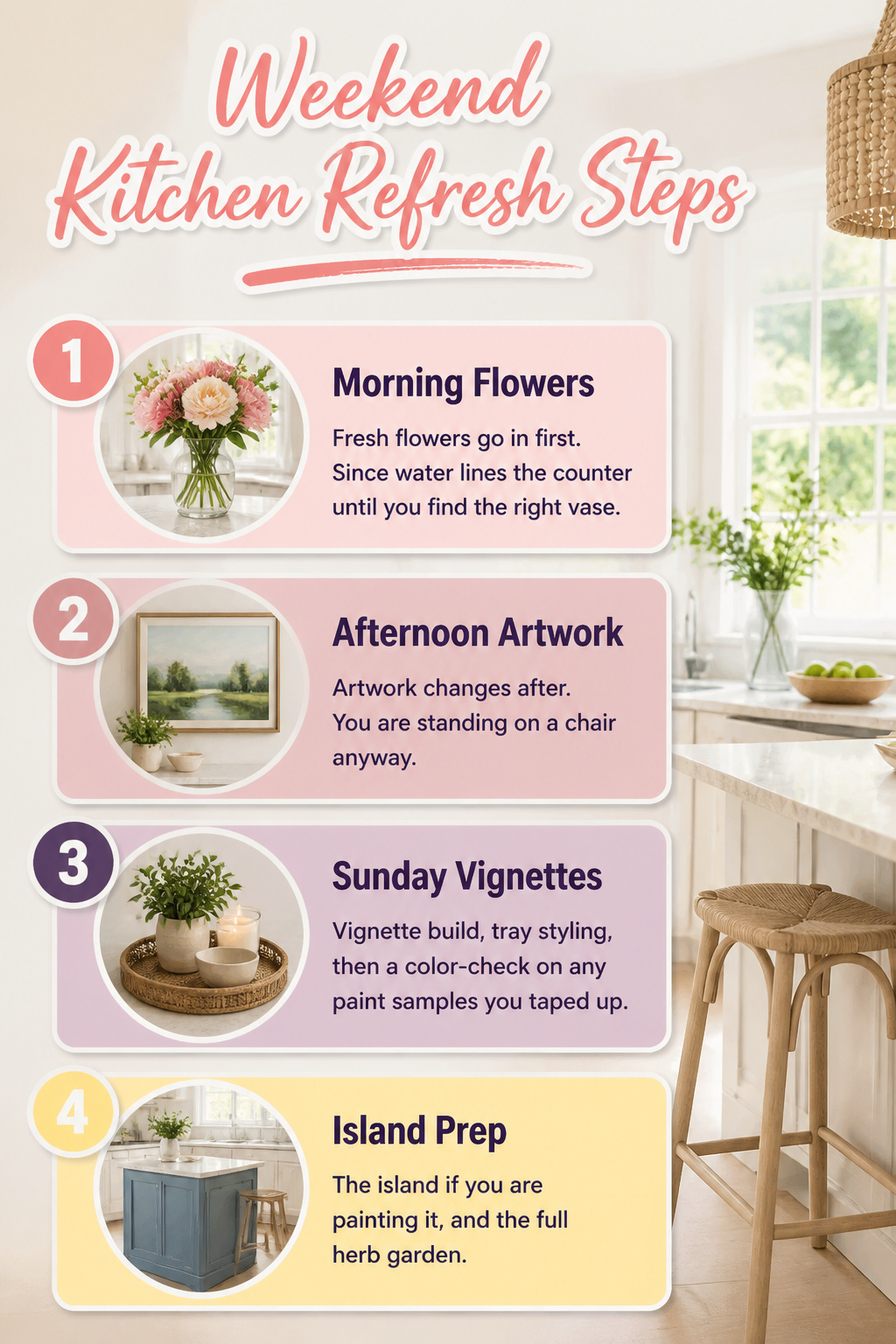 10 Spring Kitchen Decorating Ideas for a Fresh, Light Space 15 Steps for a weekend kitchen refresh displayed visually.