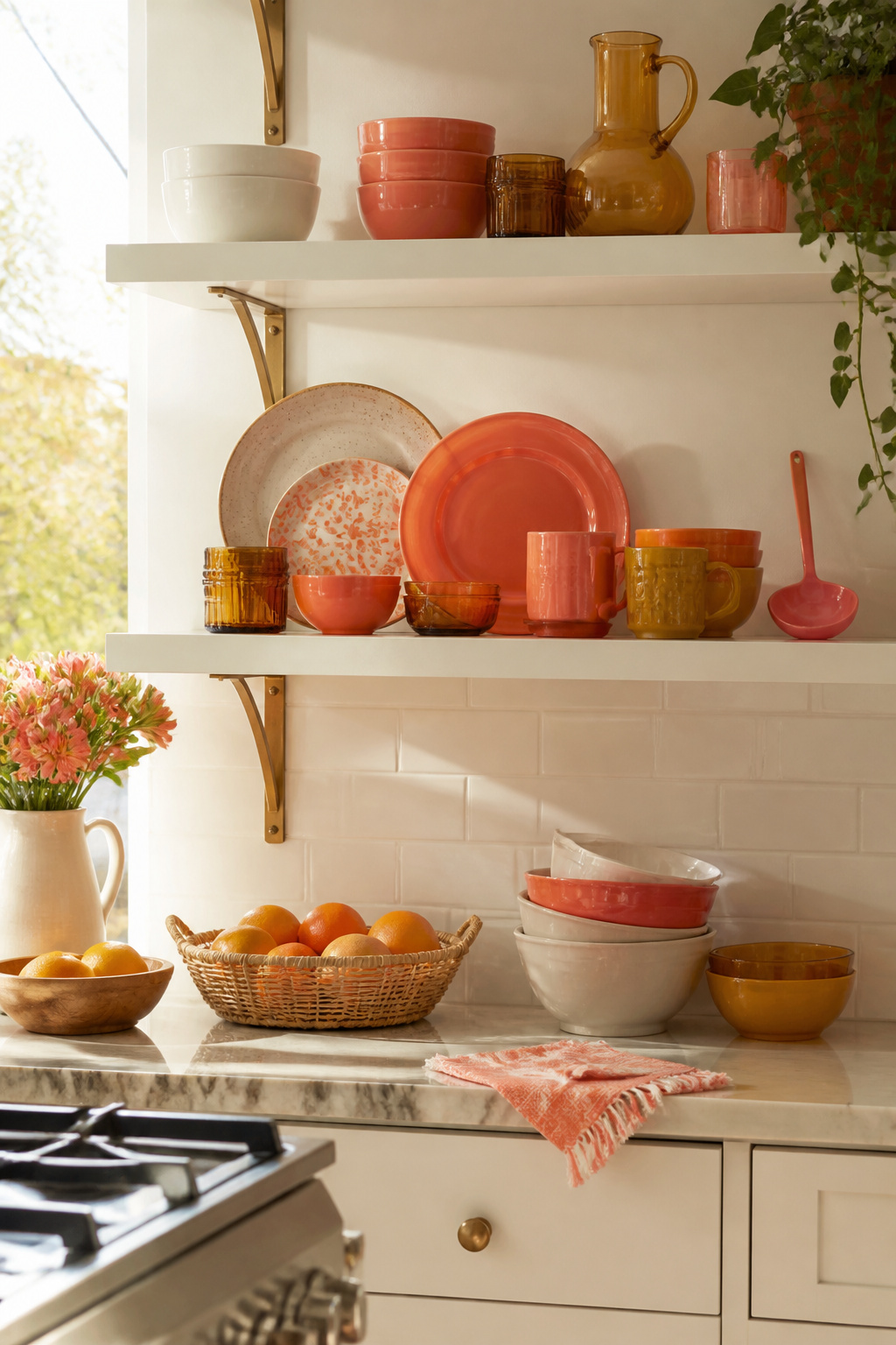 10 Spring Kitchen Decorating Ideas for a Fresh, Light Space 3 Open shelf displaying coral and amber dishware.