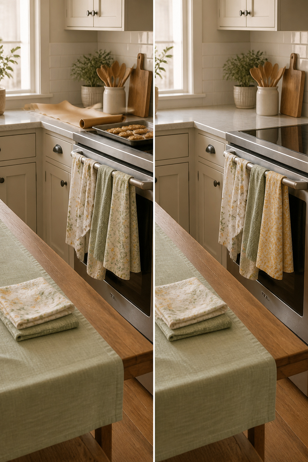 10 Spring Kitchen Decorating Ideas for a Fresh, Light Space 4 Cotton dish towels hanging on the oven door.