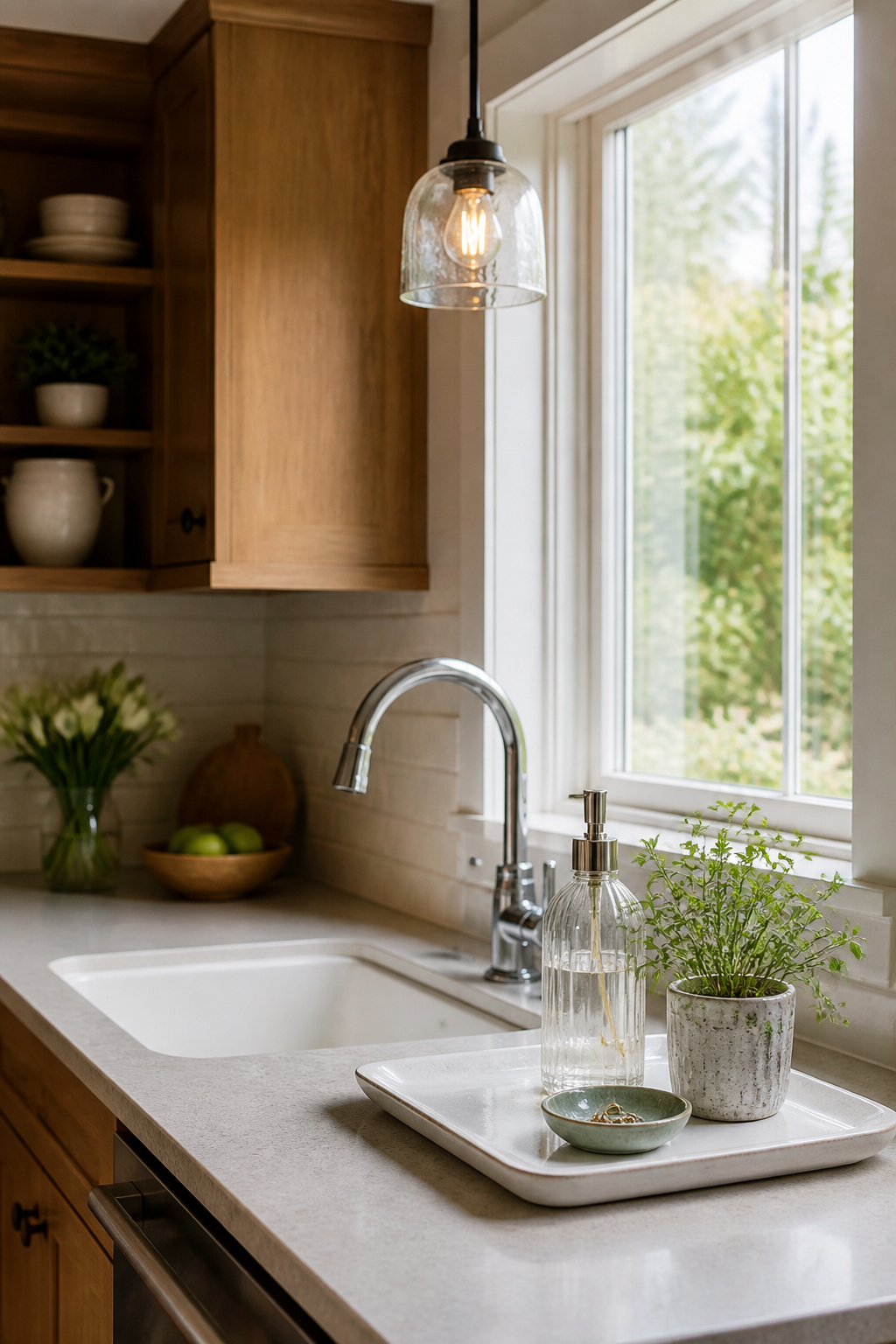 10 Spring Kitchen Decorating Ideas for a Fresh, Light Space 6 Enamel tray with soap dispenser, plant, and ring dish.
