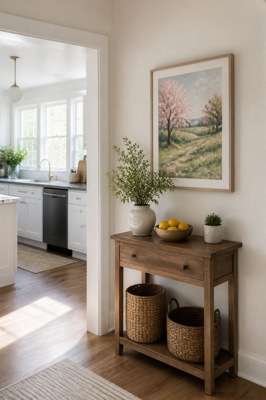 10 Spring Kitchen Decorating Ideas for a Fresh, Light Space 7 Framed print of a spring landscape on the kitchen wall.