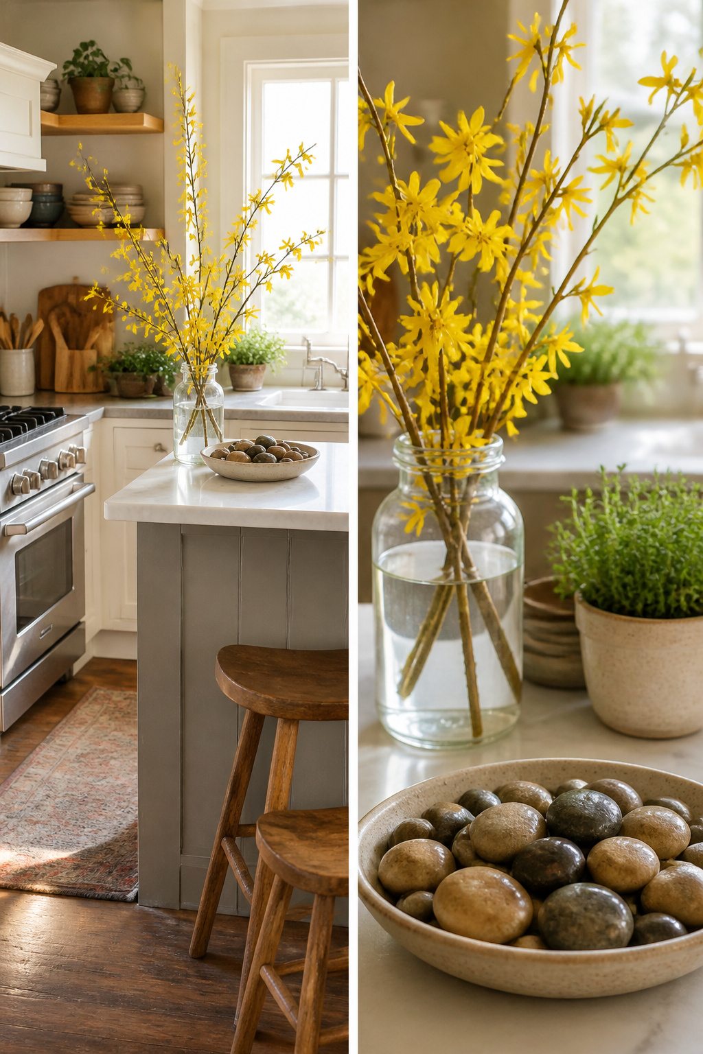 10 Spring Kitchen Decorating Ideas for a Fresh, Light Space 8 Forsythia branch in water and river stones on the counter.
