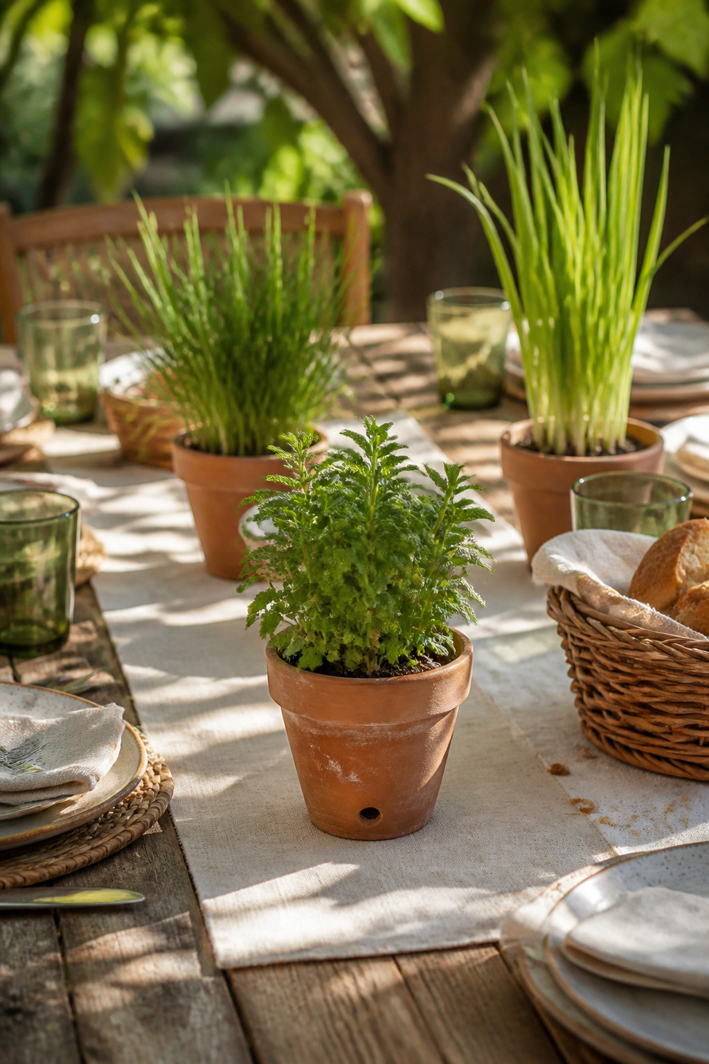 10 Spring Table Decor Ideas for Every Dining Style 1 Mini potted herbs in terracotta pots on a dining table.