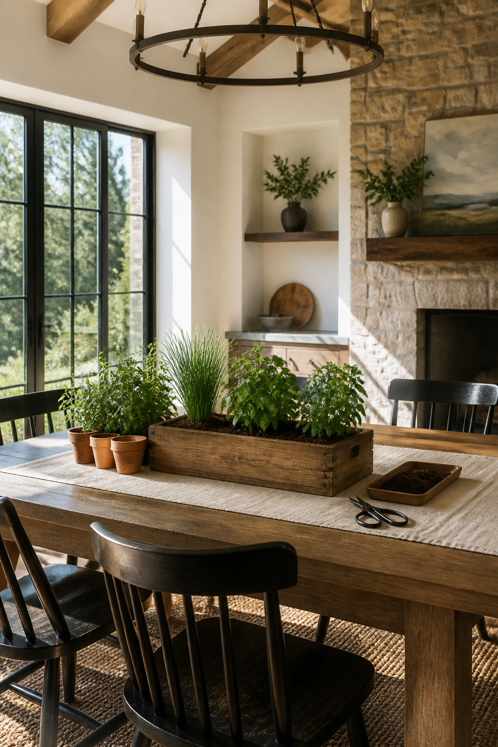 10 Spring Table Decor Ideas for Every Dining Style 10 Small herb garden in a wooden planter box on a table.