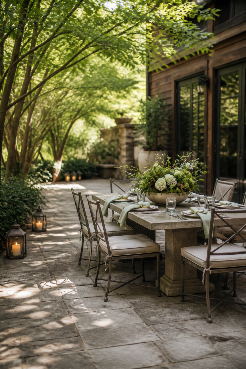 10 Spring Table Decor Ideas for Every Dining Style 13 Outdoor table with shallow bowl holding flowers.