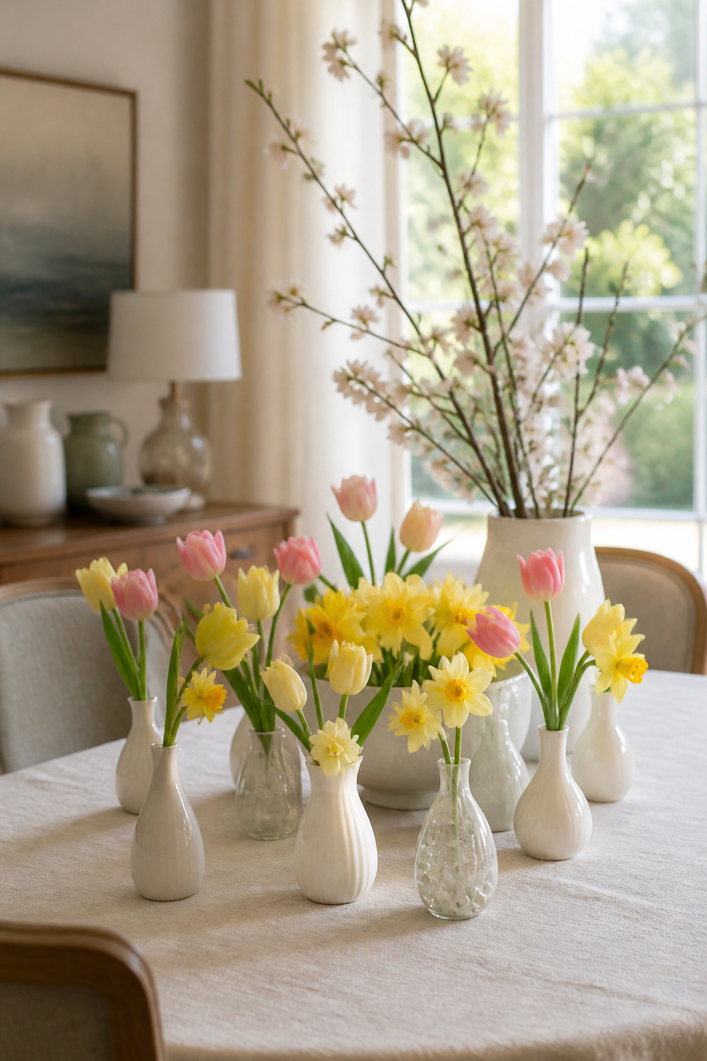 10 Spring Table Decor Ideas for Every Dining Style 2 Tulips and daffodils in bud vases on a spring table.