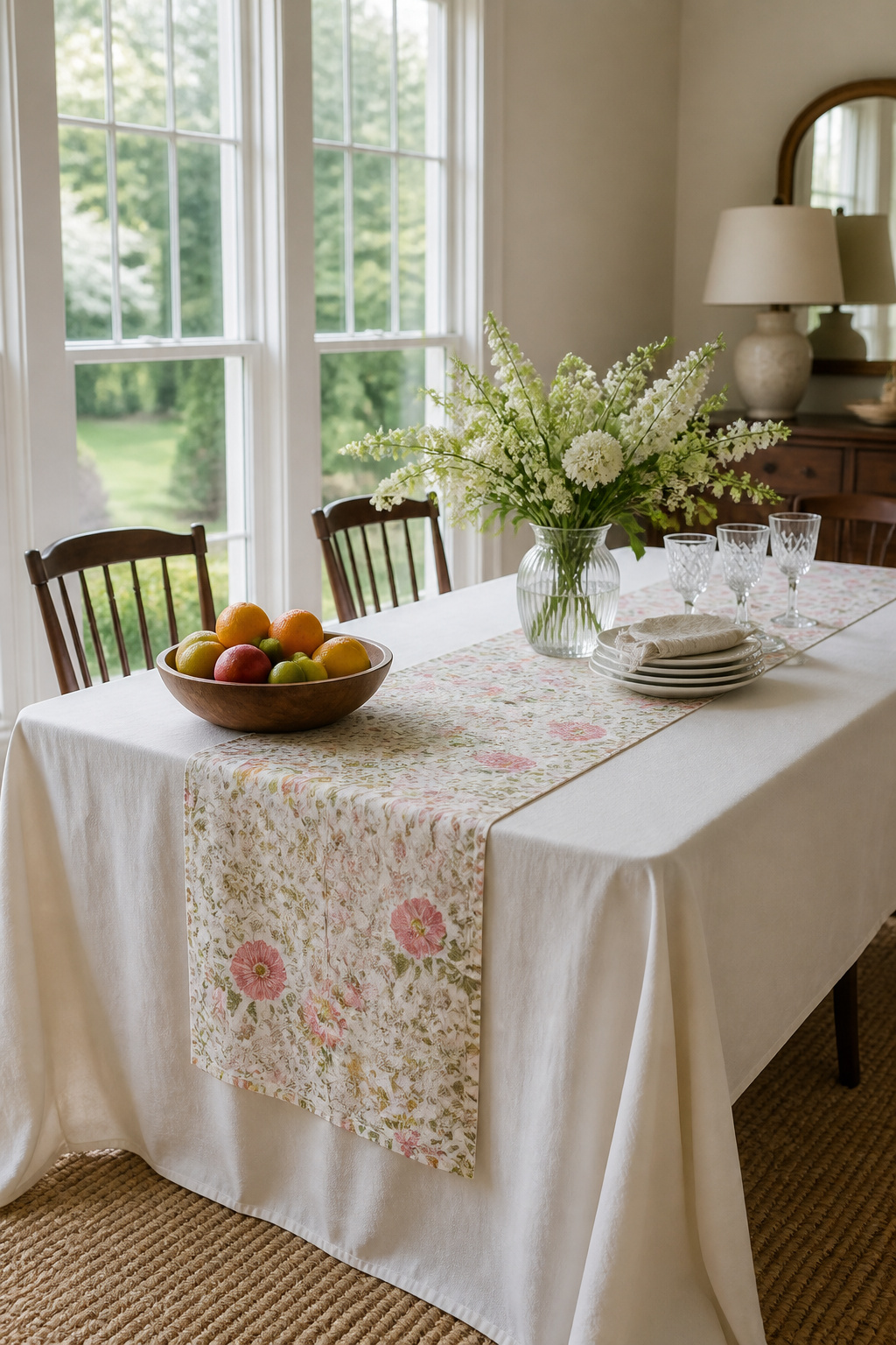 10 Spring Table Decor Ideas for Every Dining Style 3 Dining table with a cream tablecloth and pastel floral runner.