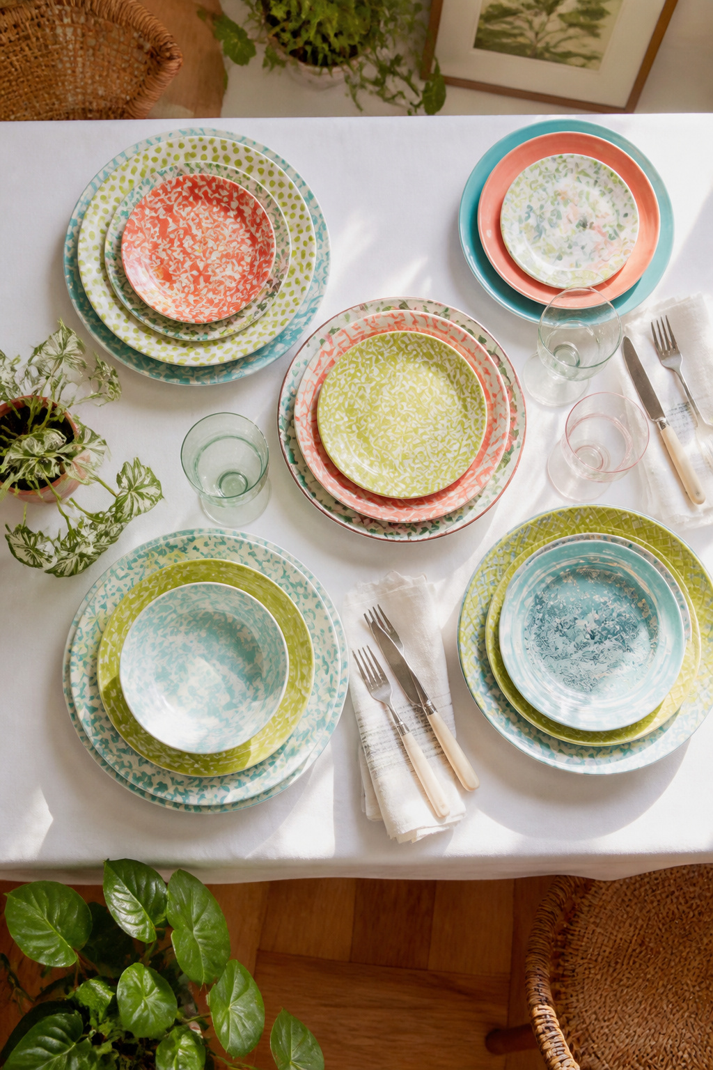 10 Spring Table Decor Ideas for Every Dining Style 4 Patterned plates in soft colors set on a dining table.
