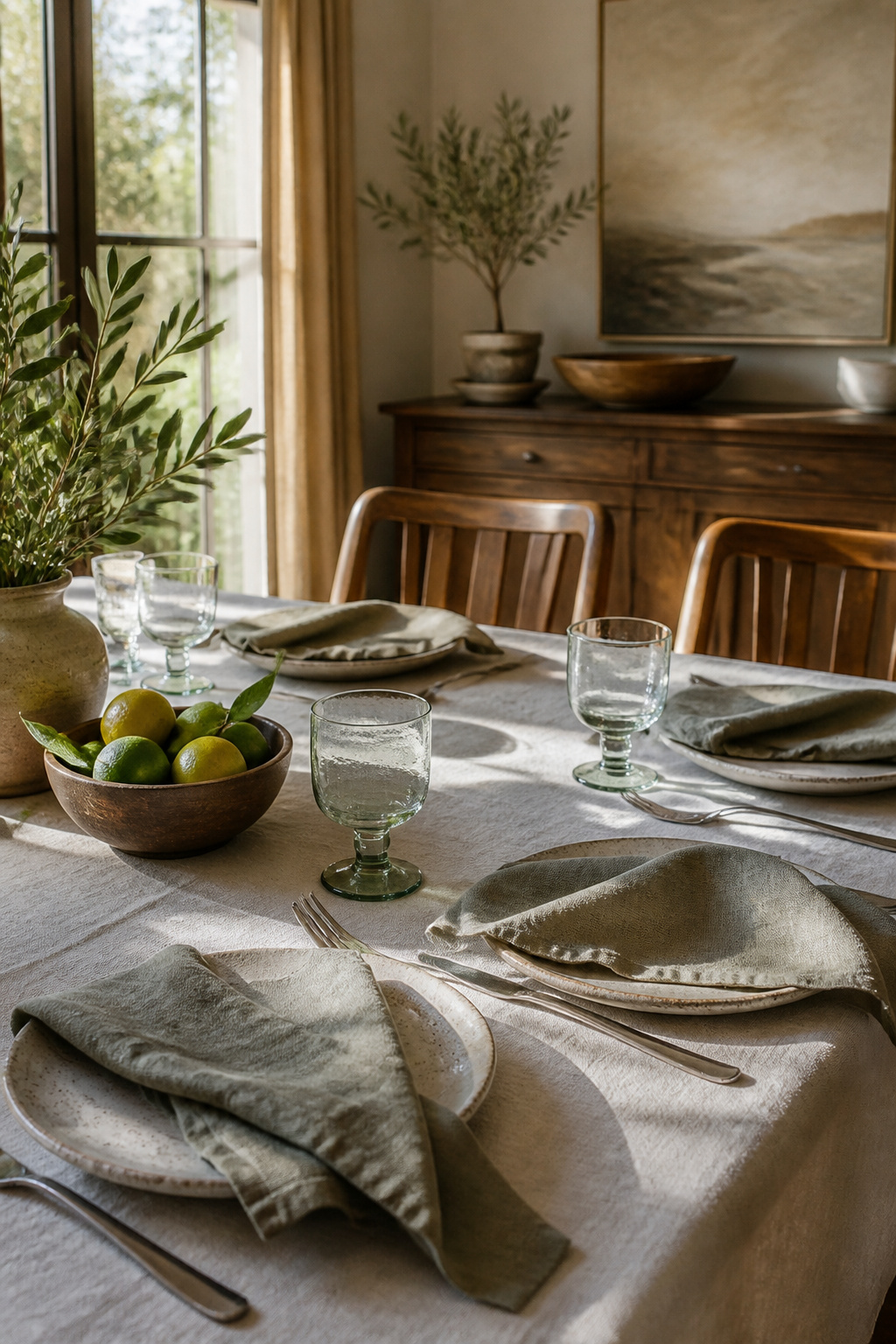 10 Spring Table Decor Ideas for Every Dining Style 5 Cotton tablecloth with linen napkins on a dining table.