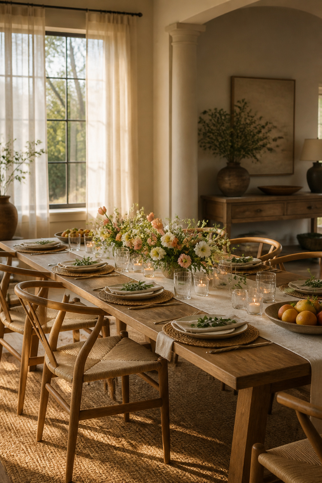 10 Spring Table Decor Ideas for Every Dining Style 6 Cluster of unscented glass votives on a spring dining table.
