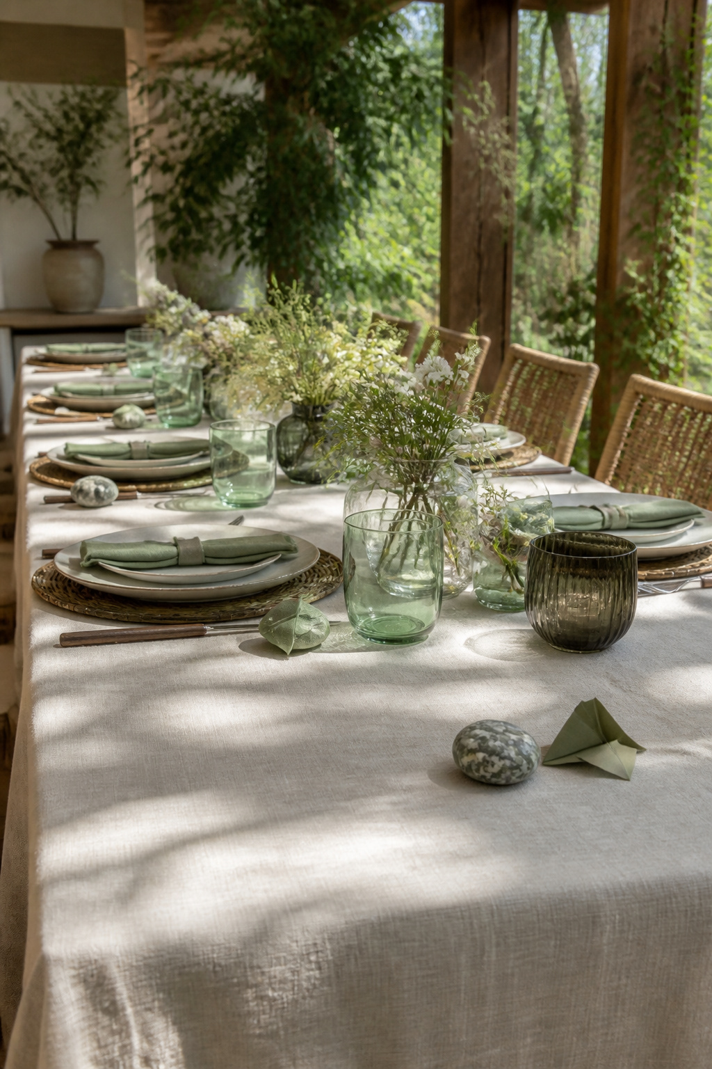 10 Spring Table Decor Ideas for Every Dining Style 8 Natural stone and folded-paper frog beside a placemat.
