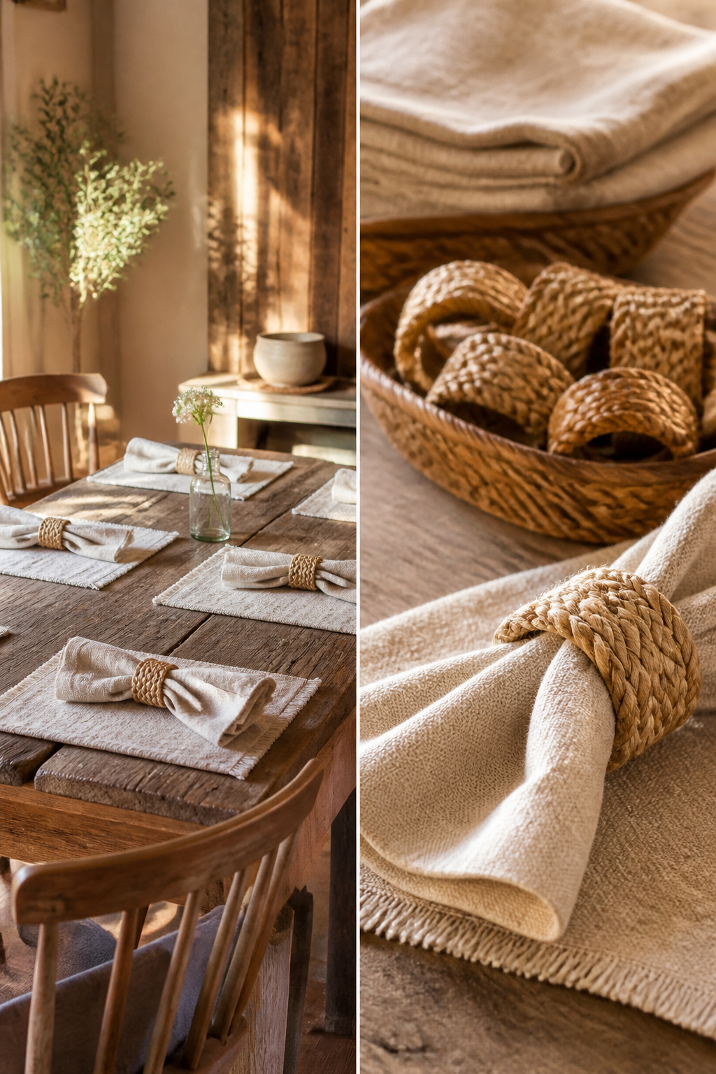 10 Spring Table Decor Ideas for Every Dining Style 9 Handmade jute napkin rings on a dining table.