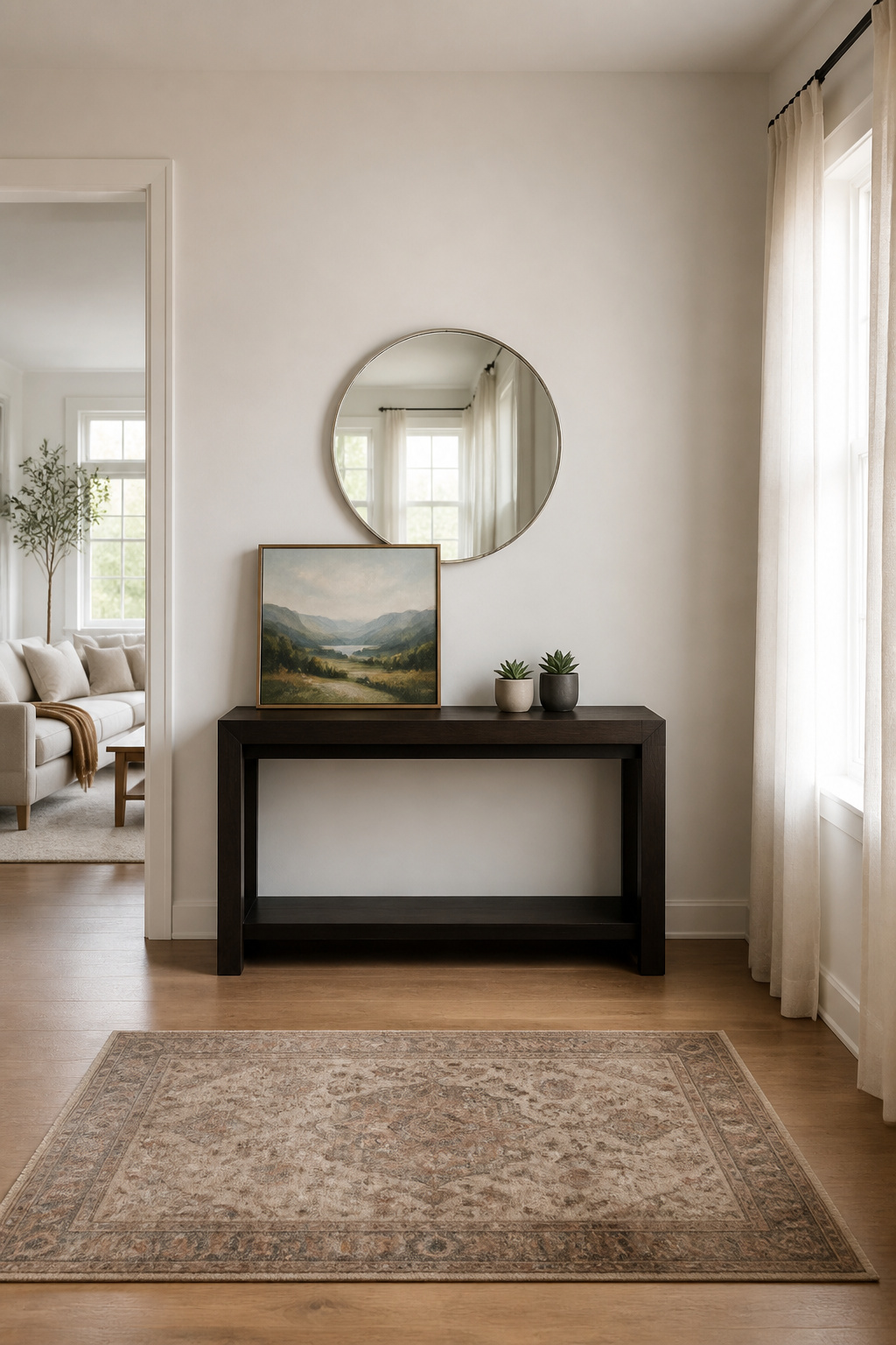 A round mirror positioned above a console table.