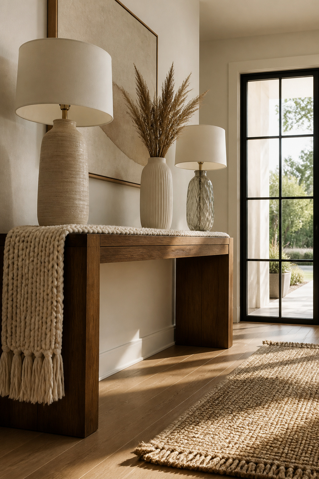Two lamps of varying heights placed on a console table.