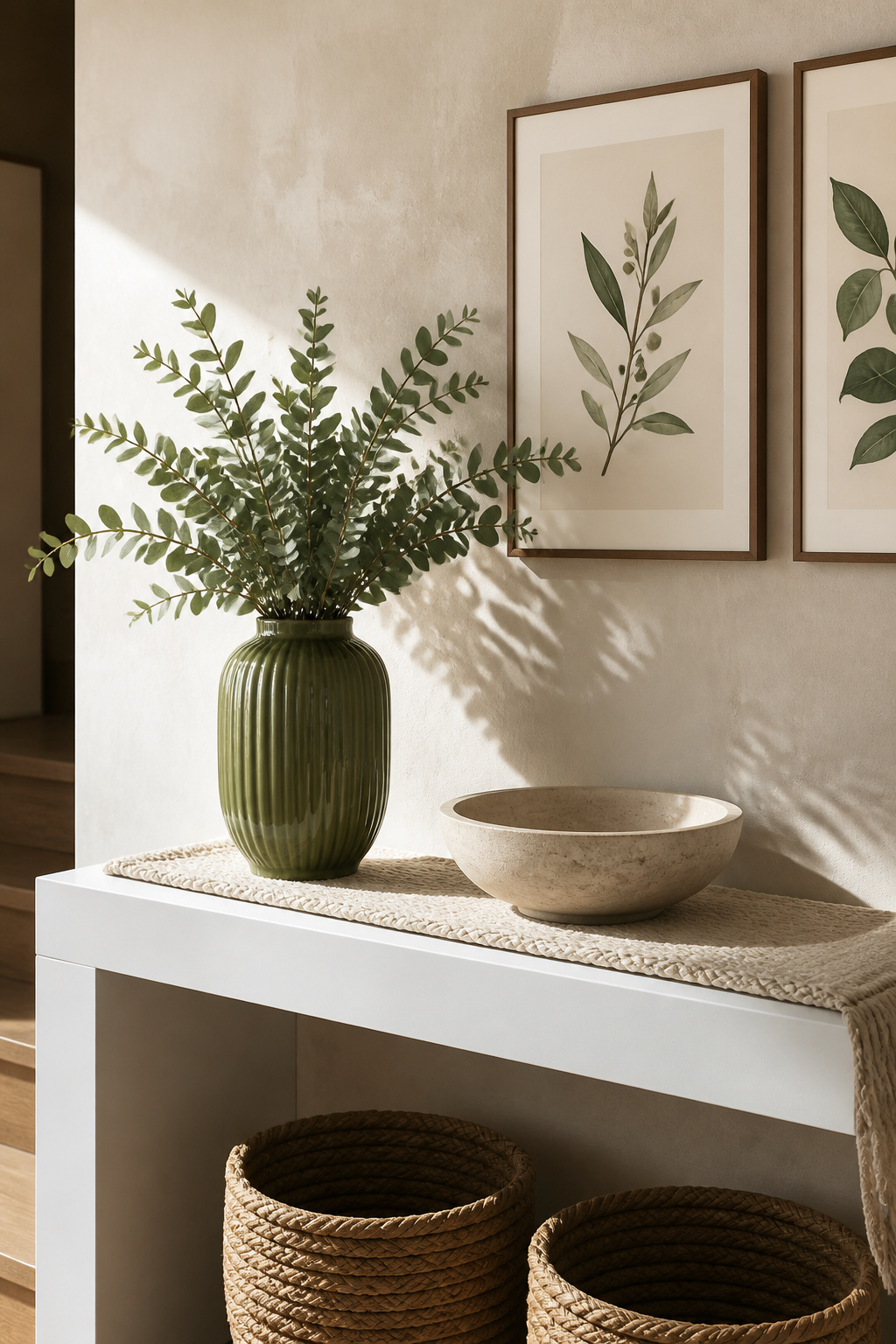 A colorful ceramic vase among various textured items on a console table.