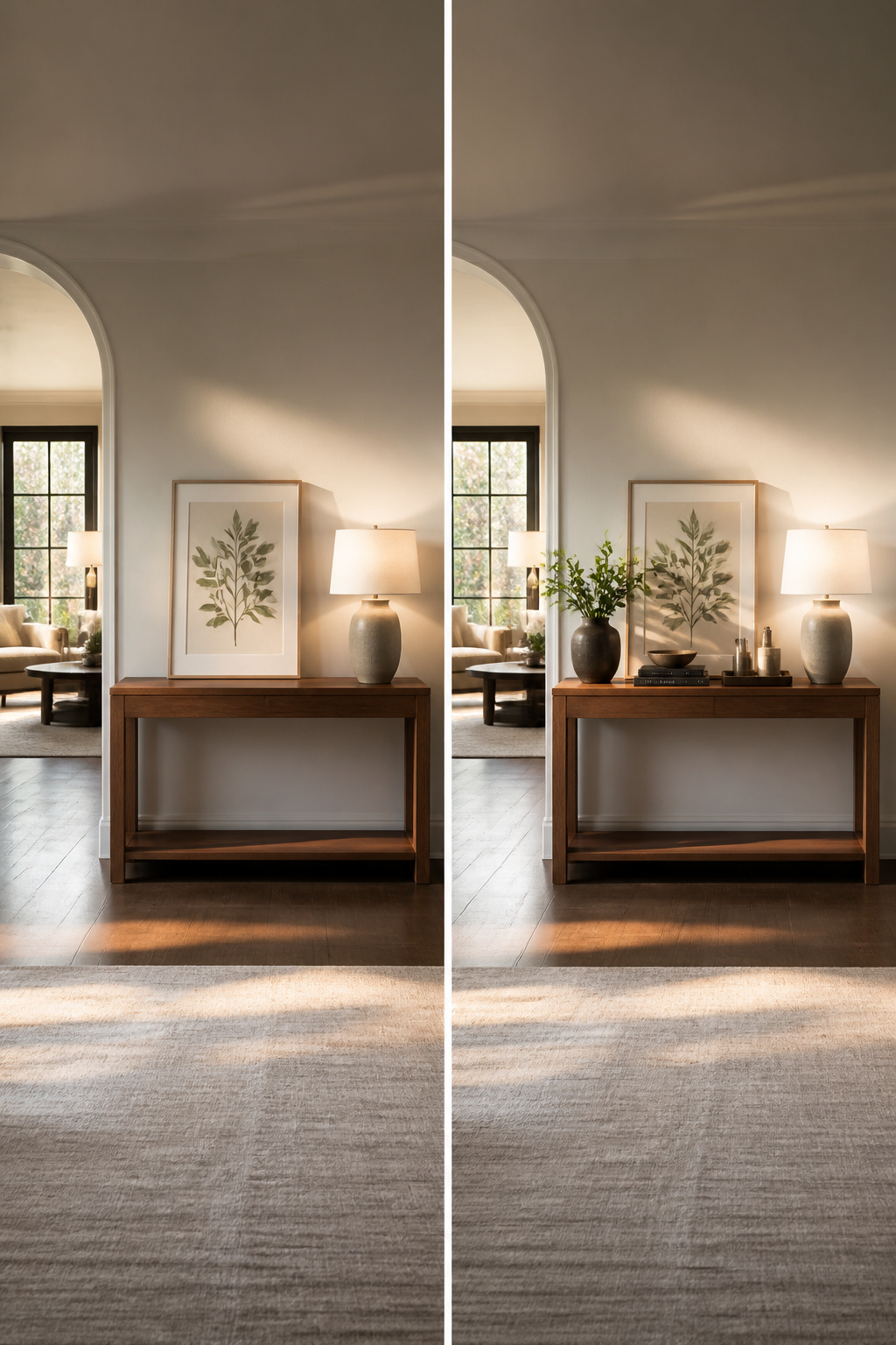 A person examining a console table from a distance.