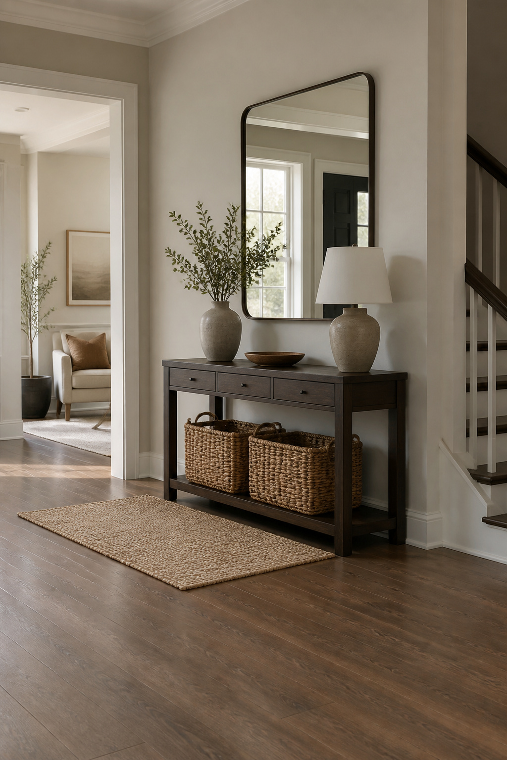 Woven baskets placed under a console table for storage.
