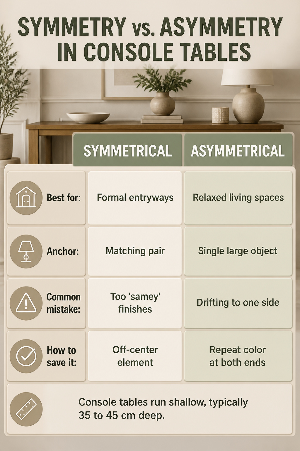 A console table styled with symmetrical and asymmetrical elements.