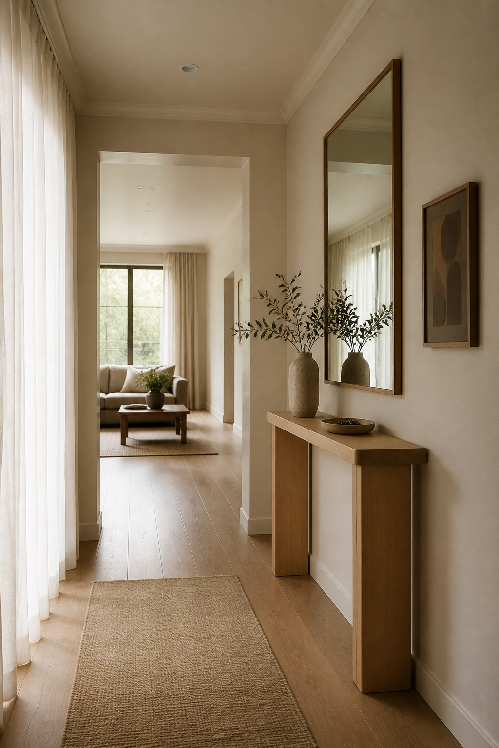 A slim console table in a narrow entryway with vertical decor.
