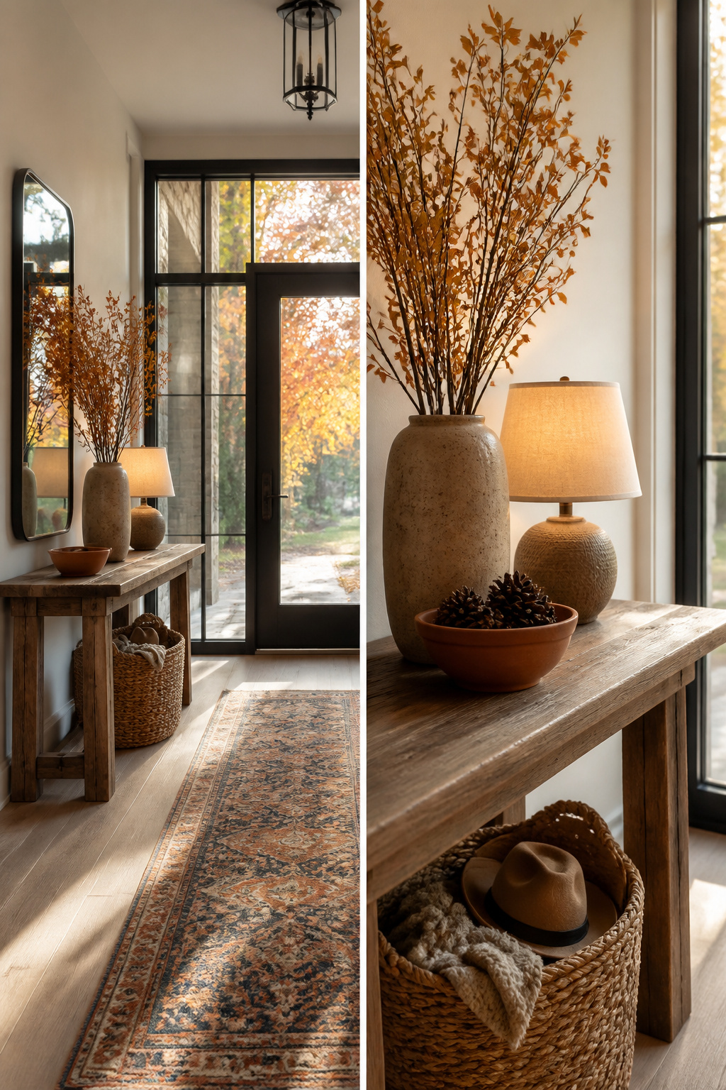 A console table adorned with seasonal decor and flowers.