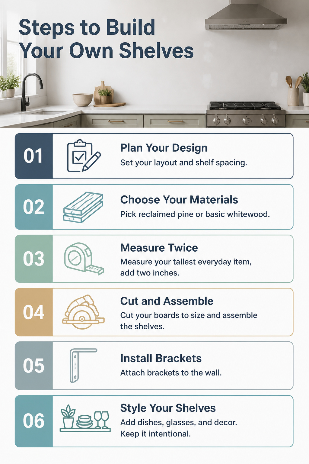 7 Open Kitchen Shelf Styling Ideas That Balance Form and Function 11 Instructions for building custom kitchen shelves for better styling.