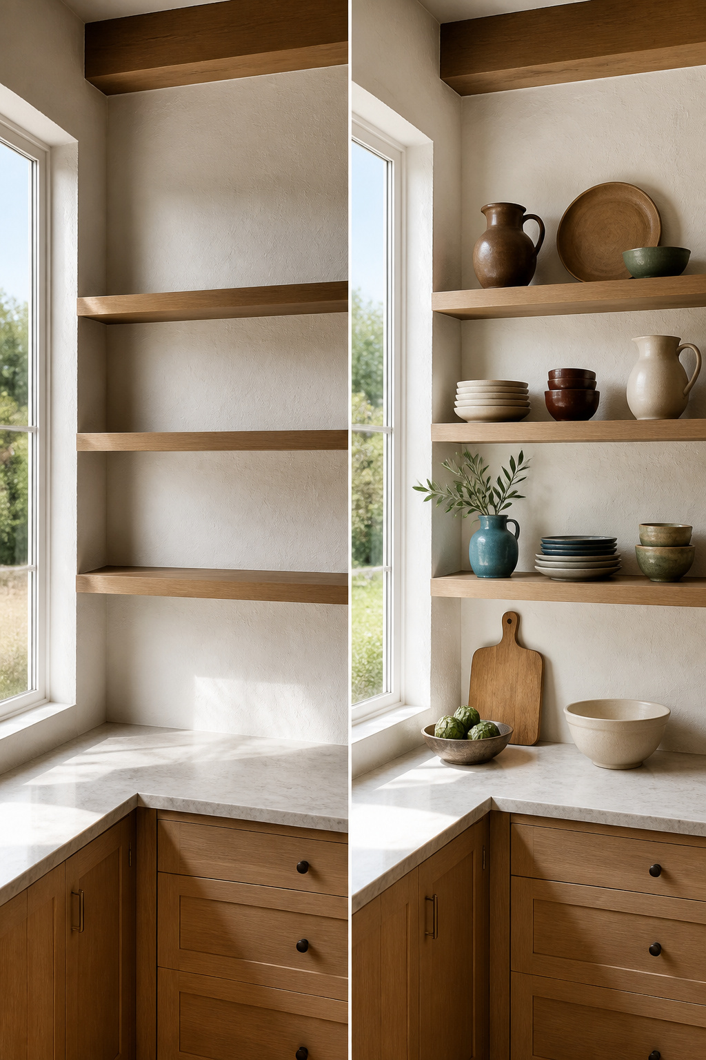 7 Open Kitchen Shelf Styling Ideas That Balance Form and Function 2 Open kitchen shelf featuring a unified color palette of browns and greens.