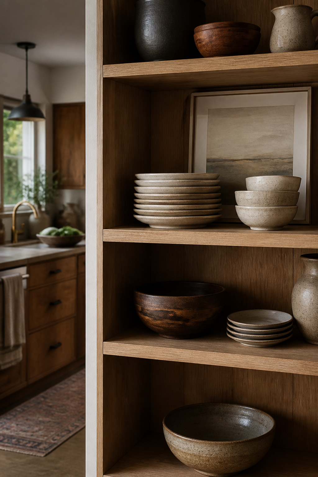 7 Open Kitchen Shelf Styling Ideas That Balance Form and Function 3 Artfully arranged kitchen shelf with stacked plates and bowls.